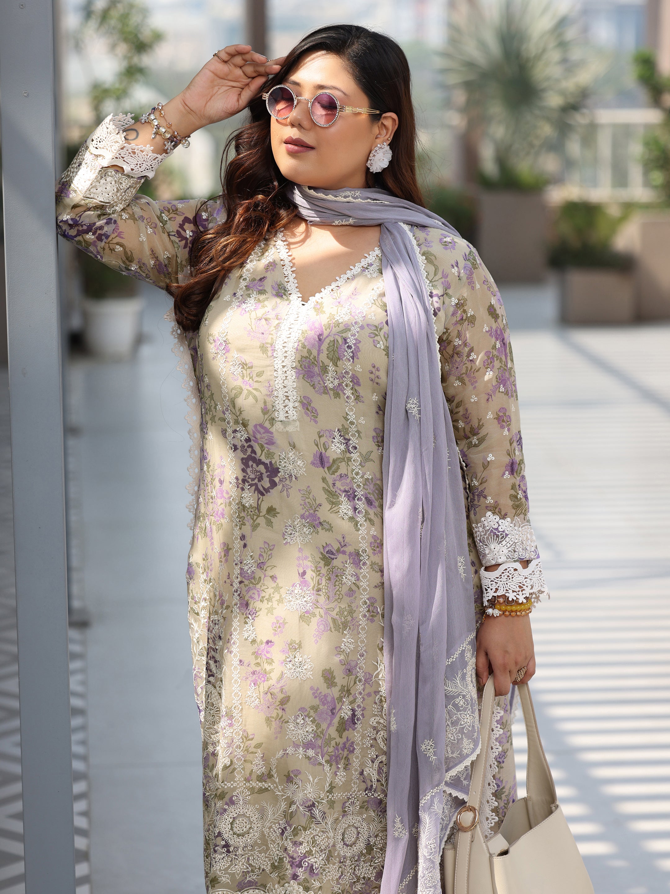 Plus Size Grey Printed Organza Straight Suit With Dupatta