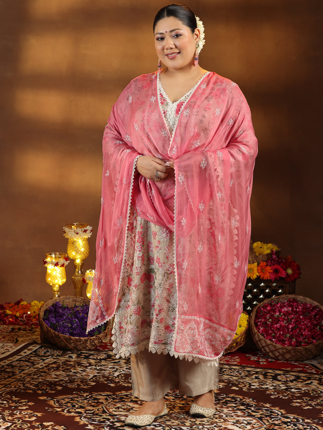 Plus Size Beige Printed Organza Straight Suit With Dupatta