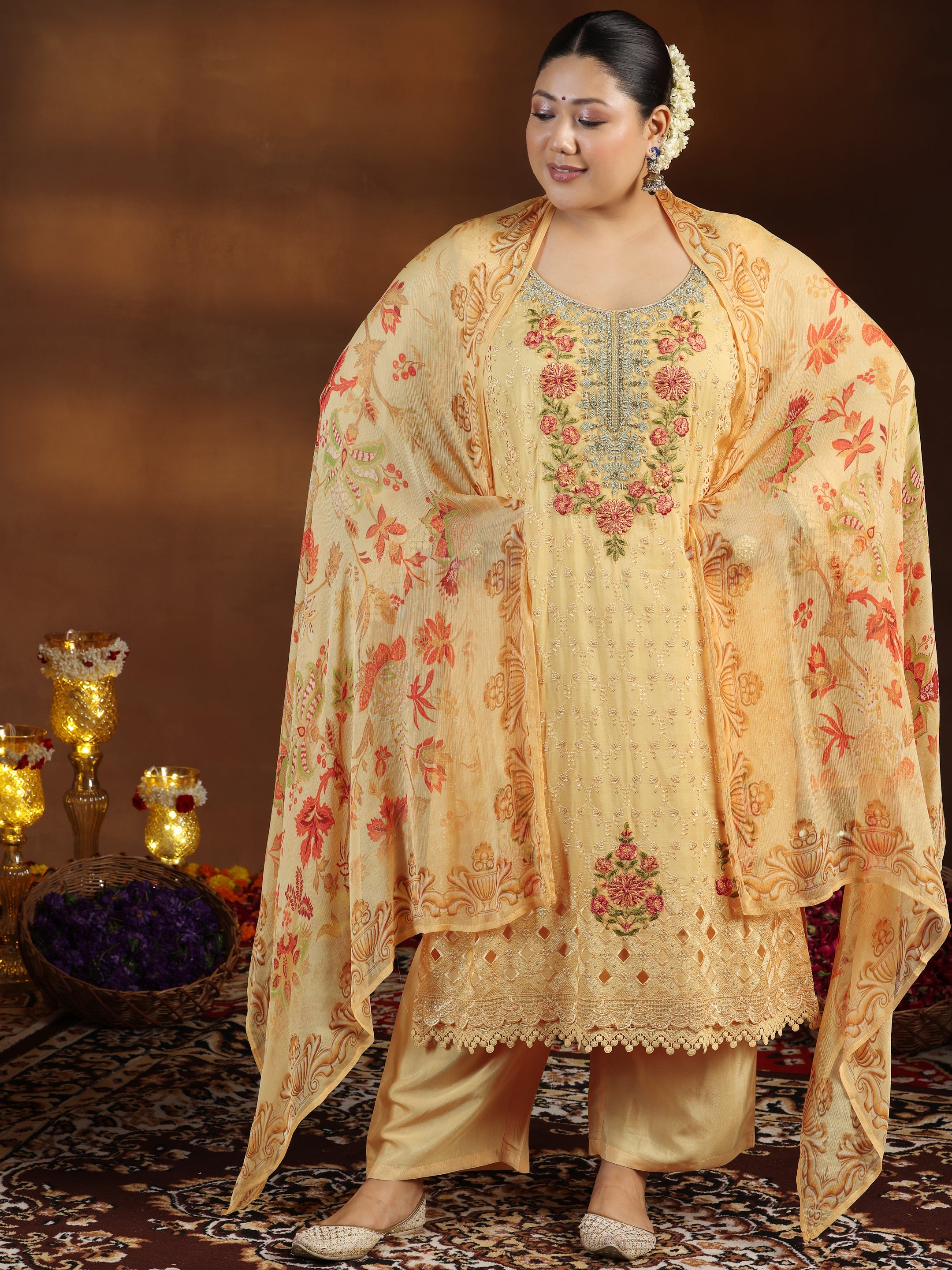 Plus Size Yellow Embroidered Organza Straight Suit With Dupatta