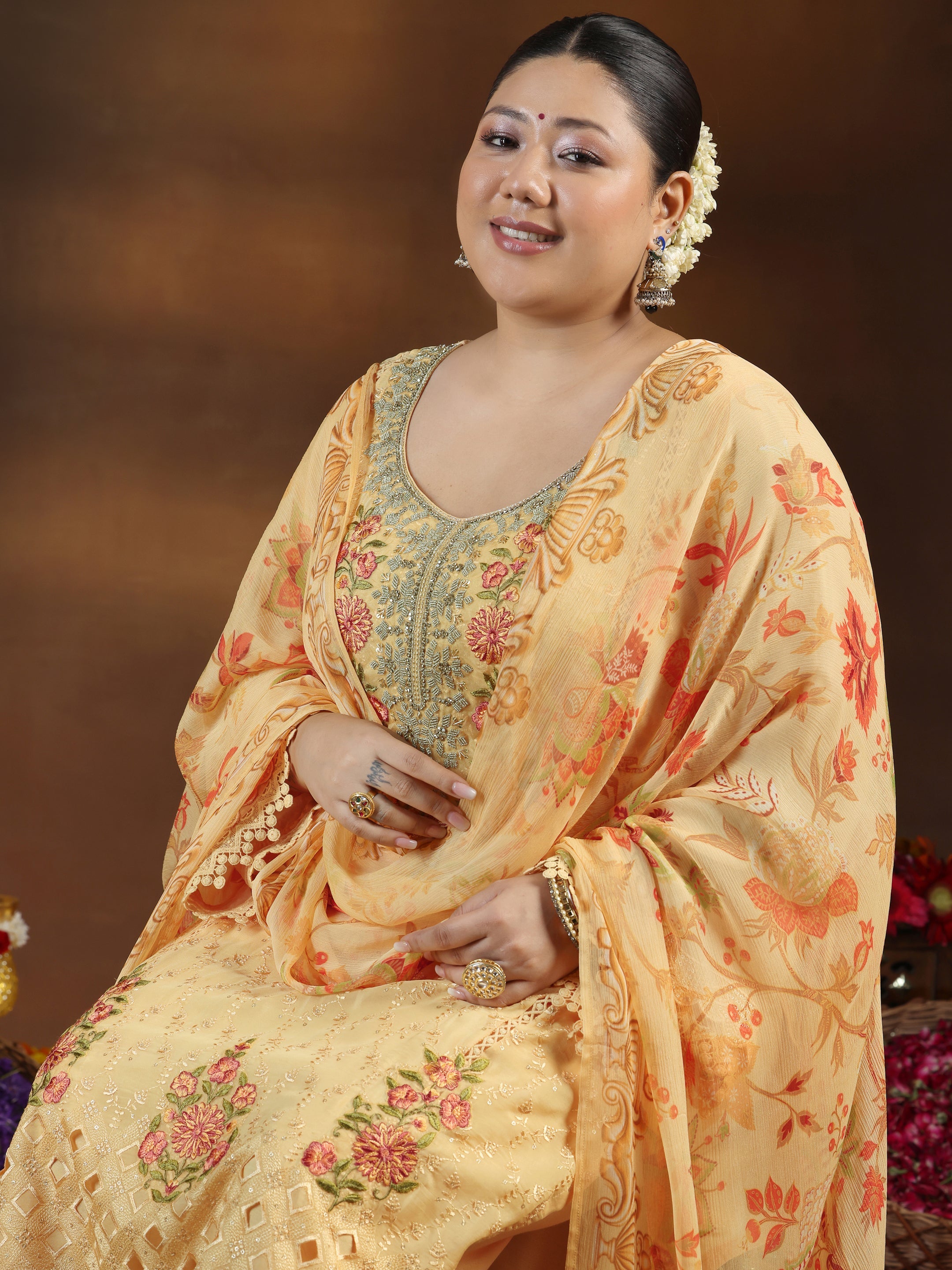 Plus Size Yellow Embroidered Organza Straight Suit With Dupatta