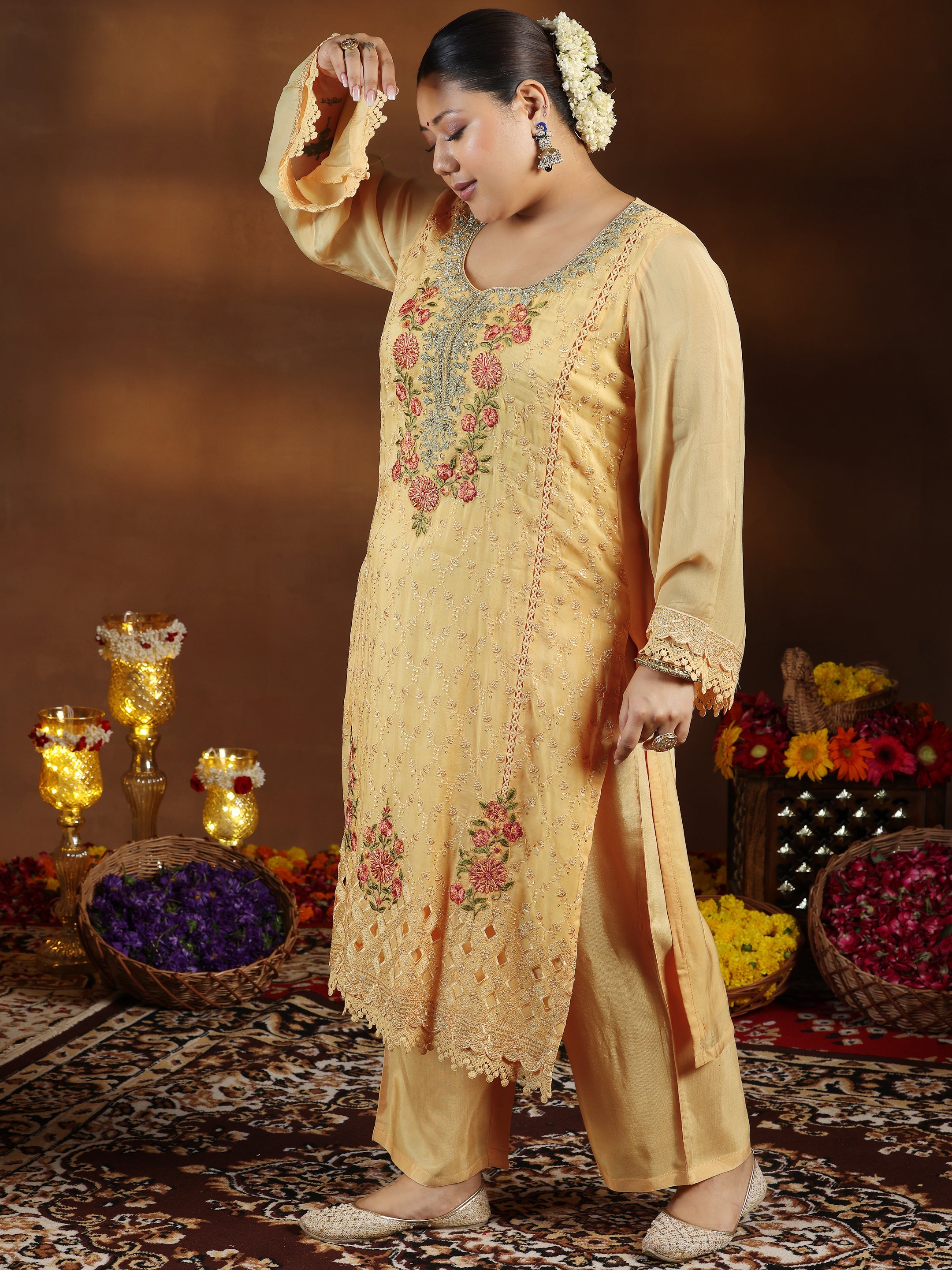 Plus Size Yellow Embroidered Organza Straight Suit With Dupatta