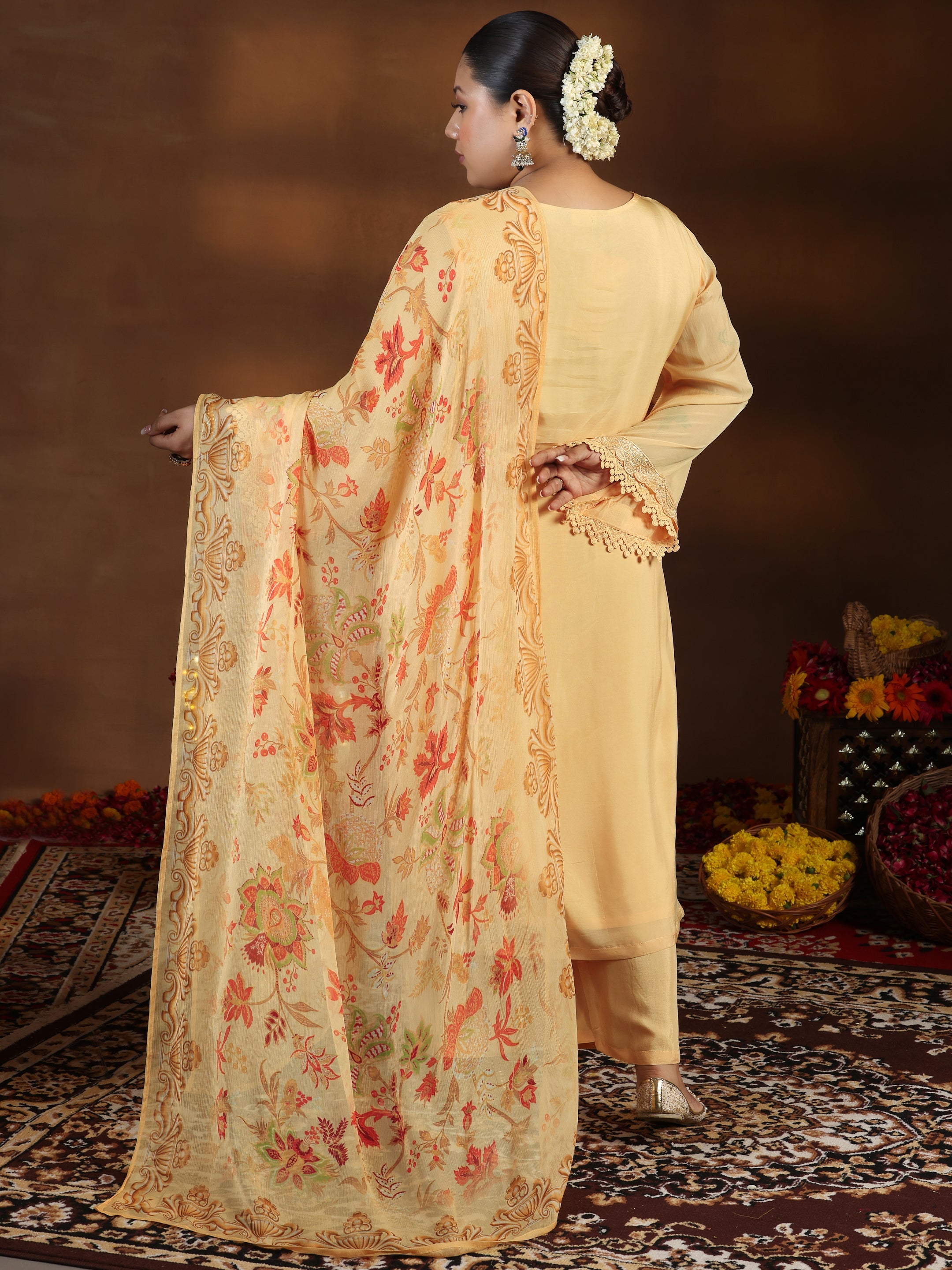 Plus Size Yellow Embroidered Organza Straight Suit With Dupatta