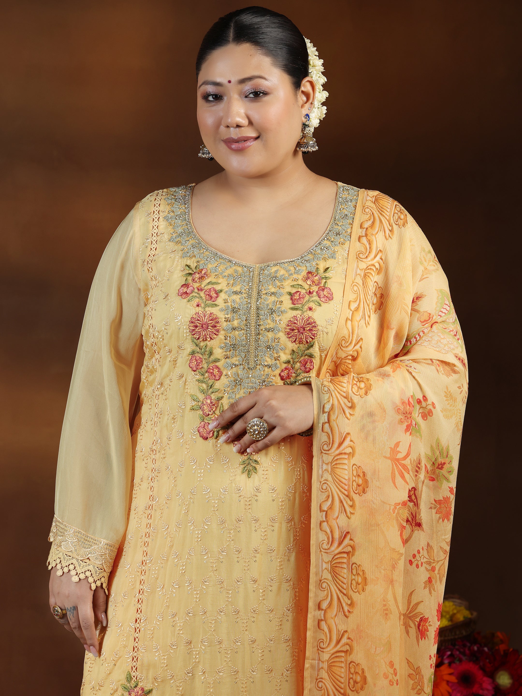 Plus Size Yellow Embroidered Organza Straight Suit With Dupatta