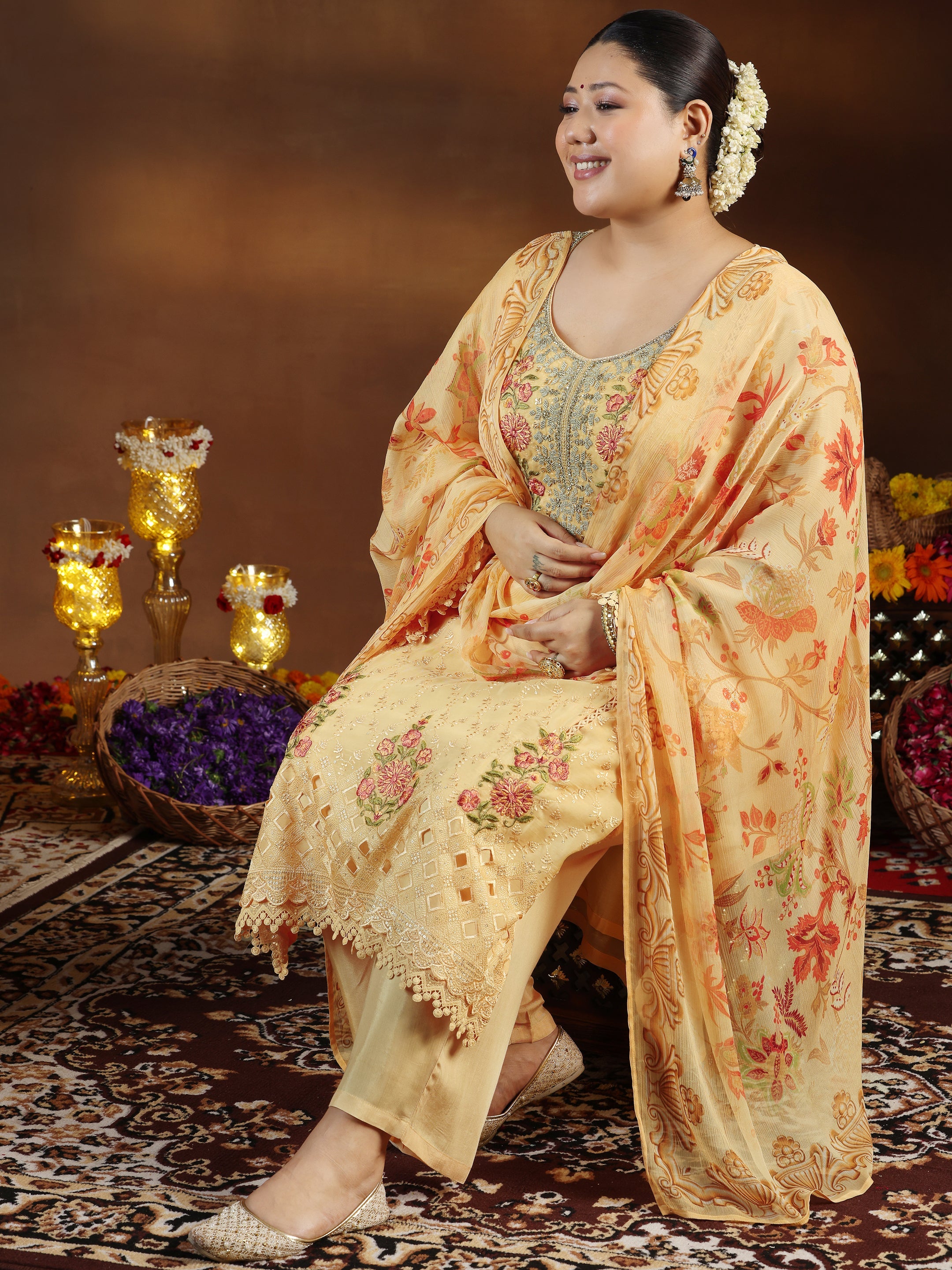 Plus Size Yellow Embroidered Organza Straight Suit With Dupatta