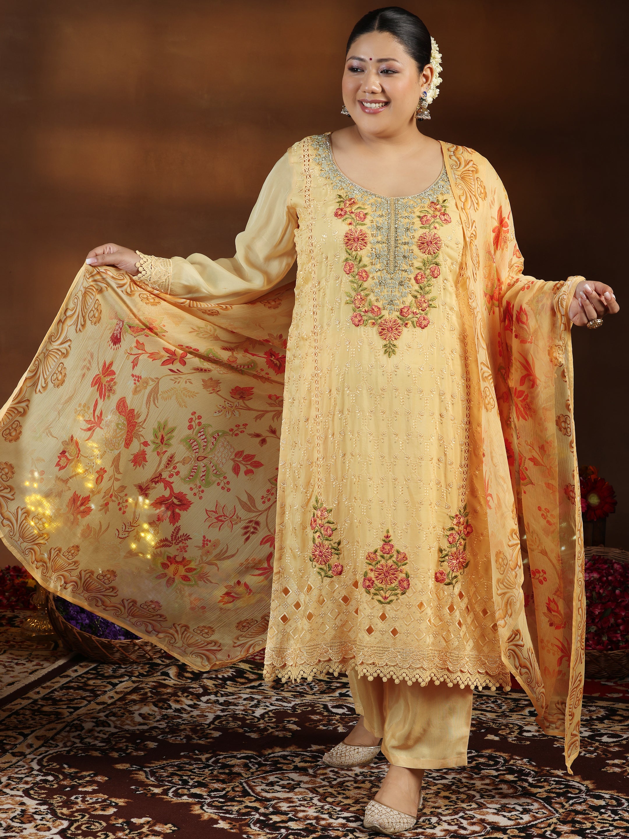 Plus Size Yellow Embroidered Organza Straight Suit With Dupatta