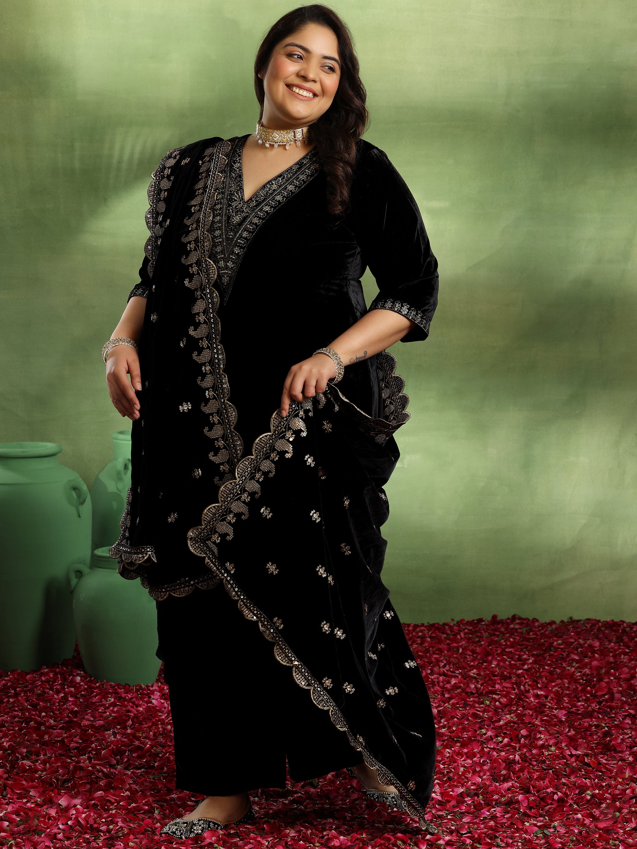 Plus Size Black Yoke Design Velvet Straight Suit With Dupatta