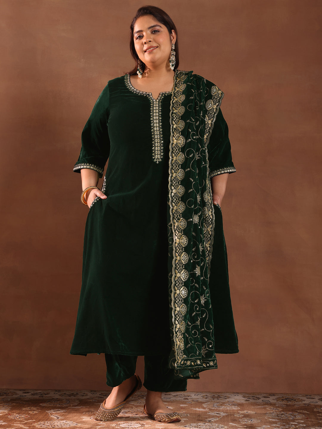 Plus Size Green Yoke Design Velvet Straight Suit Set With Dupatta