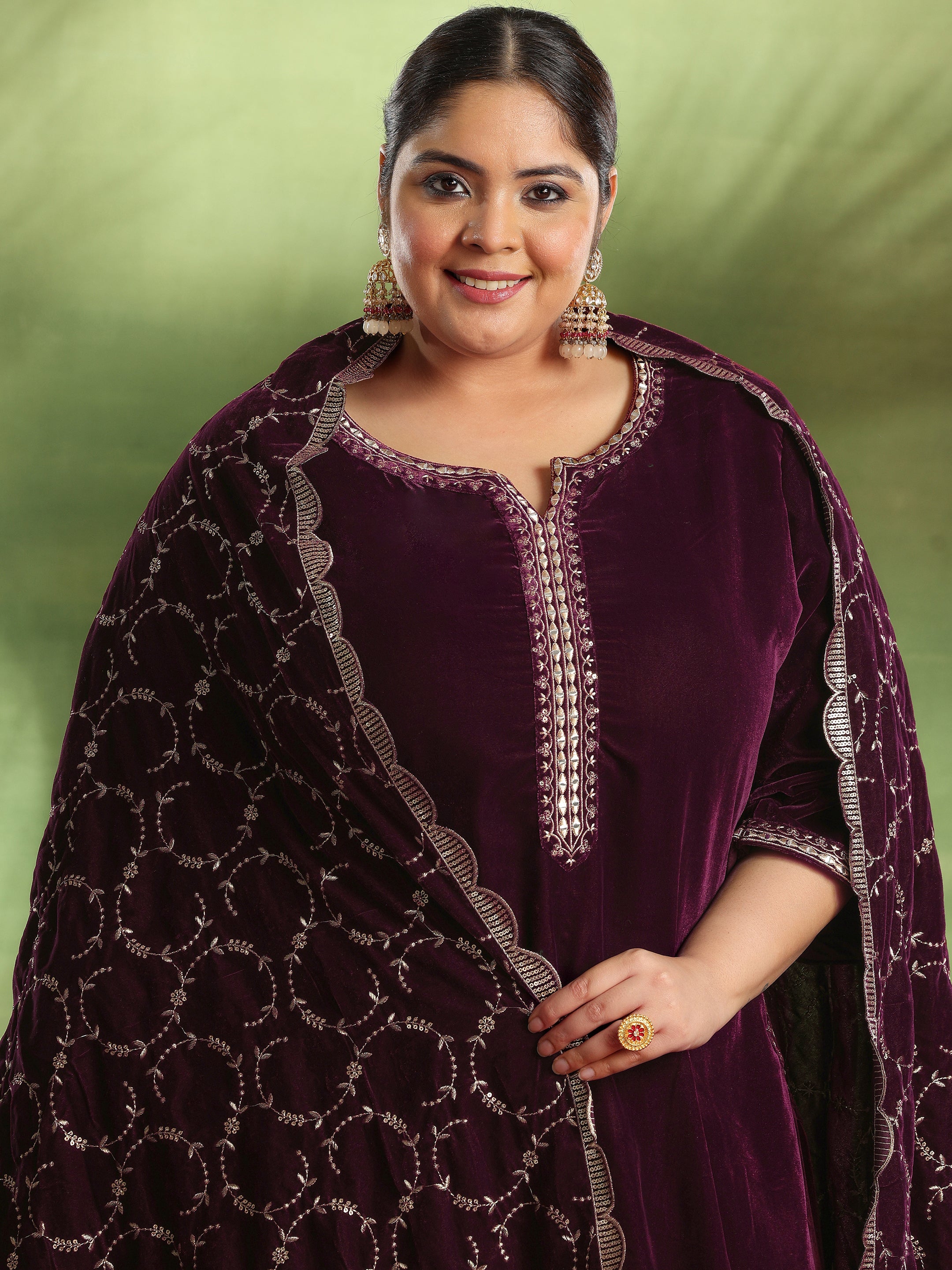 Plus Size Burgundy Yoke Design Velvet Suit With Dupatta