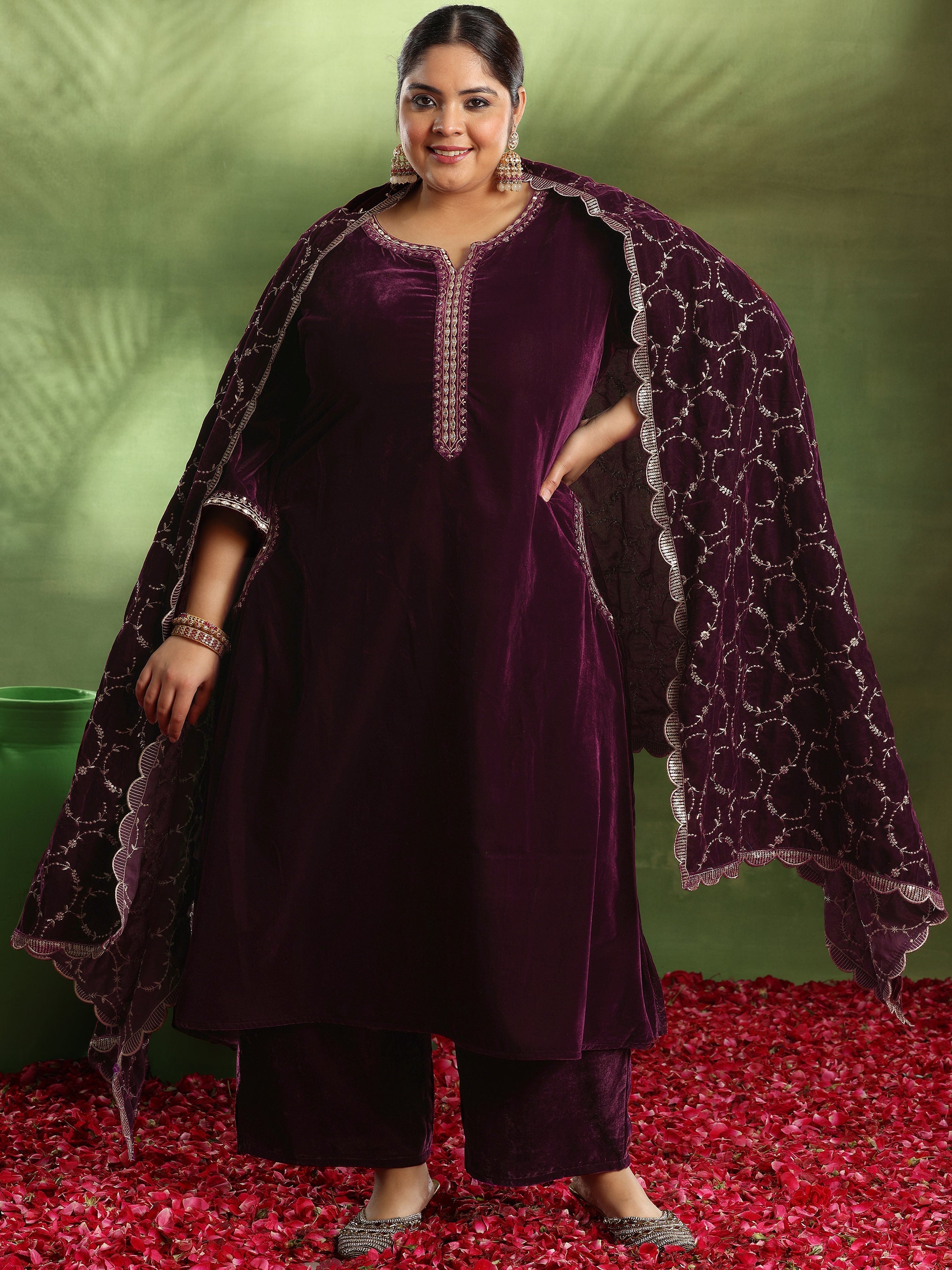 Plus Size Burgundy Yoke Design Velvet Suit With Dupatta