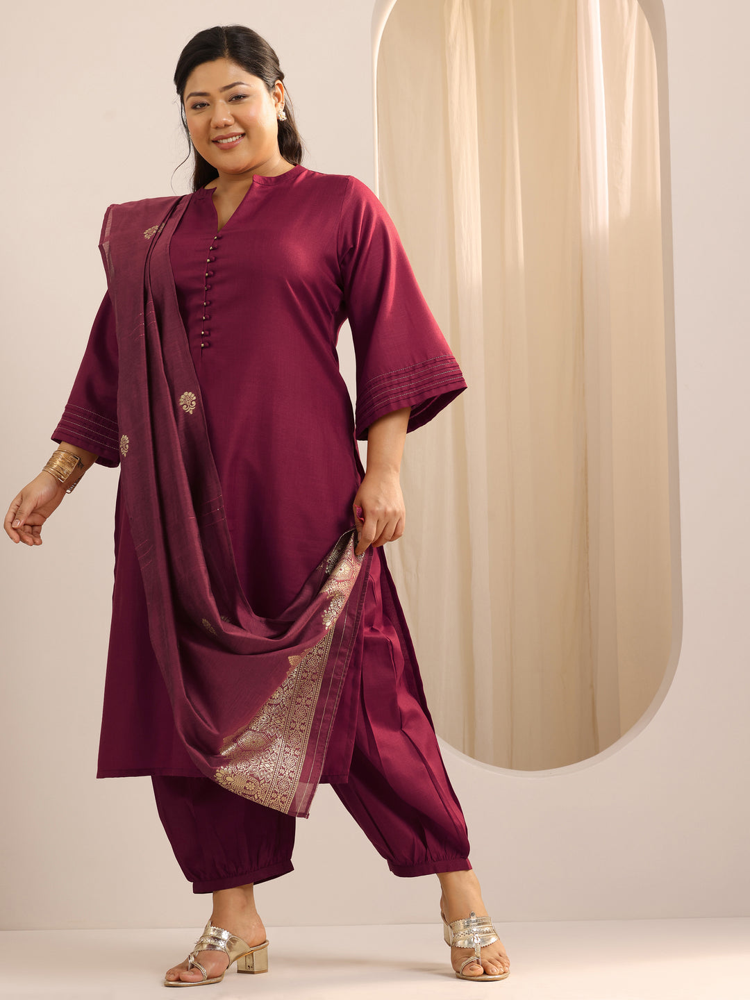 Plus Size Maroon Solid Cotton Blend Straight Suit Set With Dupatta