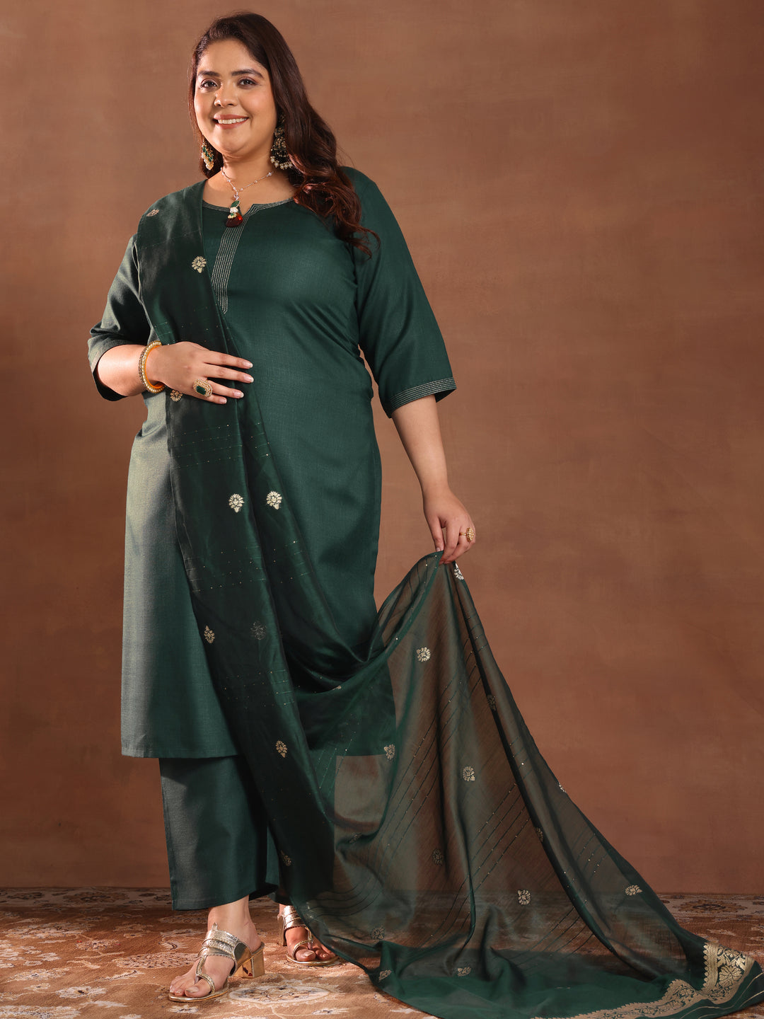 Plus Size Green Solid Cotton Blend Straight Suit Set With Dupatta