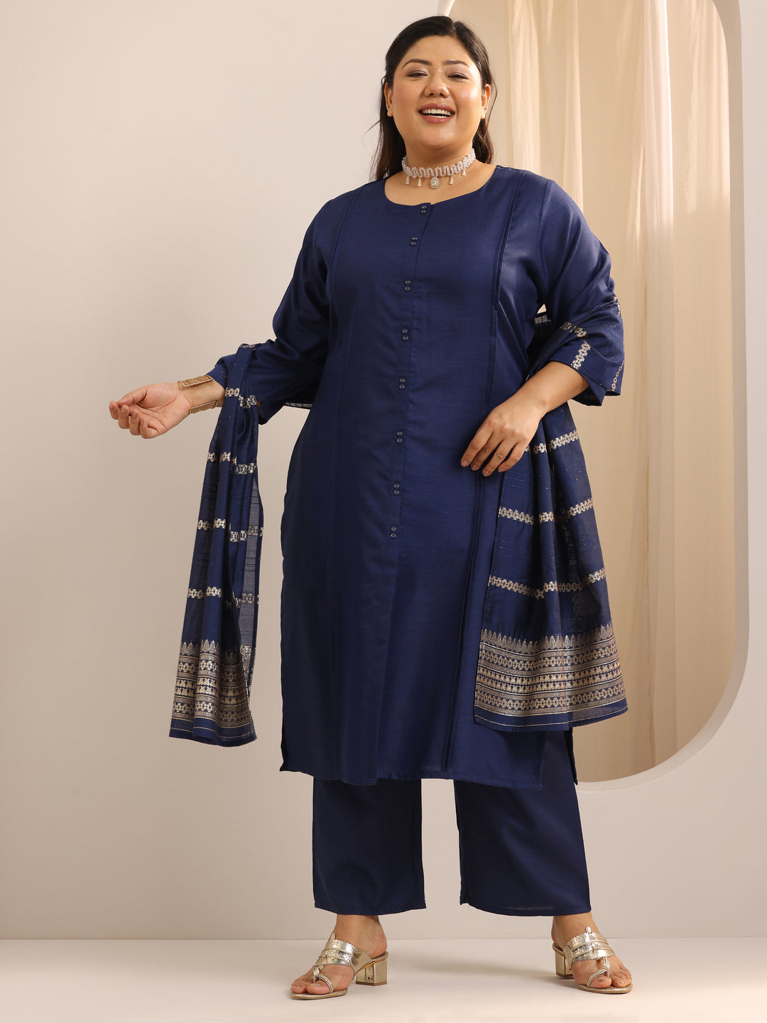 Plus Size Navy Blue Solid Cotton Blend Straight Suit Set With Dupatta