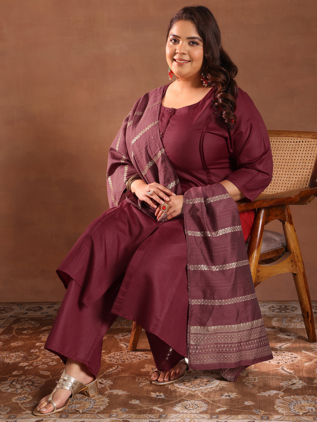 Plus Size Maroon Solid Cotton Blend Straight Suit Set With Dupatta