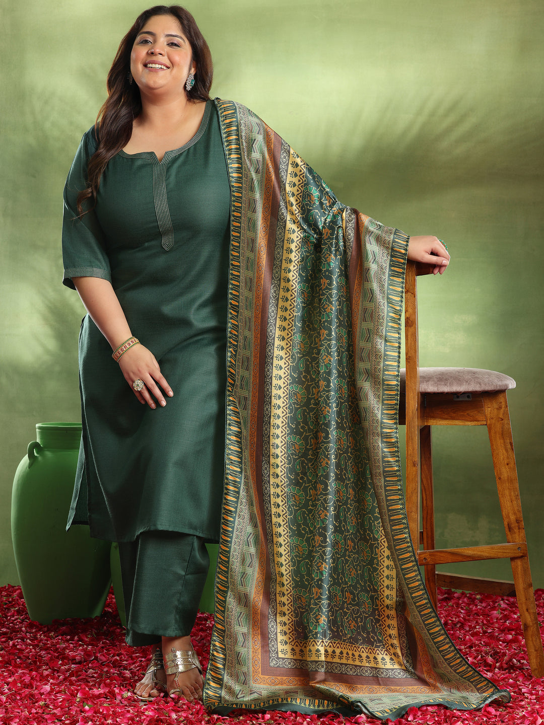 Plus Size Green Solid Cotton Blend Straight Suit With Dupatta