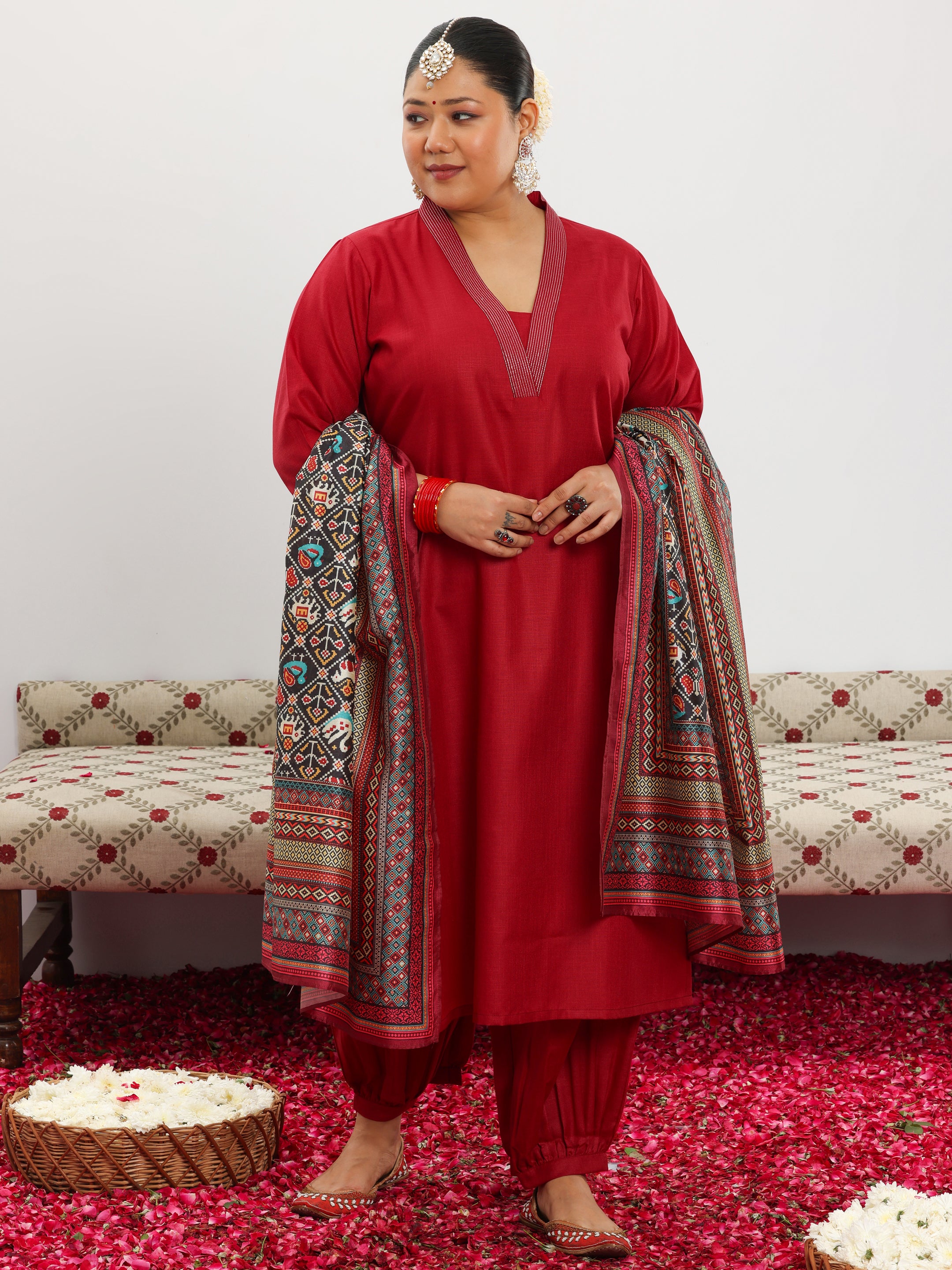 Plus Size Maroon Solid Cotton Blend Straight Suit With Dupatta