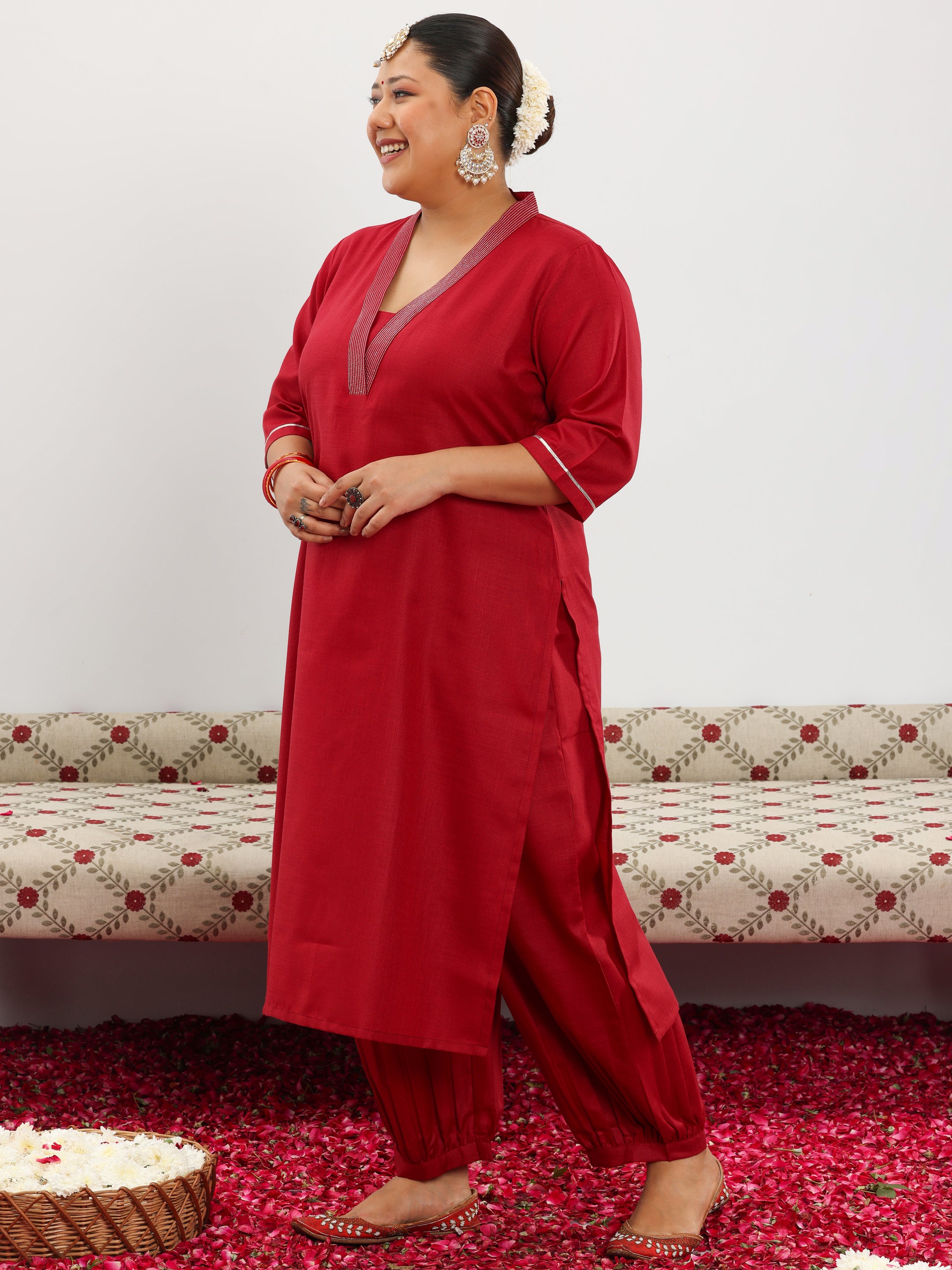 Plus Size Maroon Solid Cotton Blend Straight Suit With Dupatta