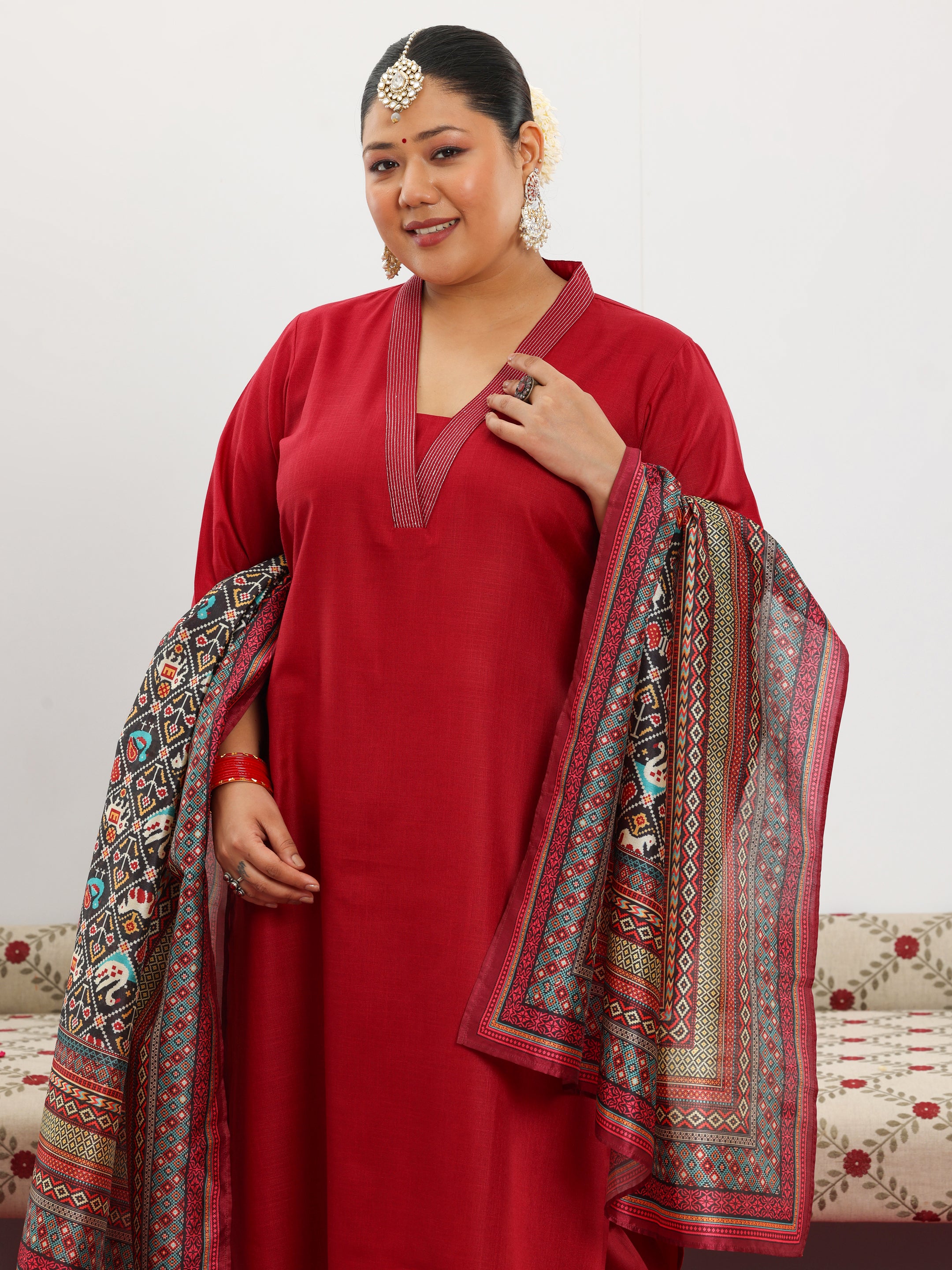 Plus Size Maroon Solid Cotton Blend Straight Suit With Dupatta