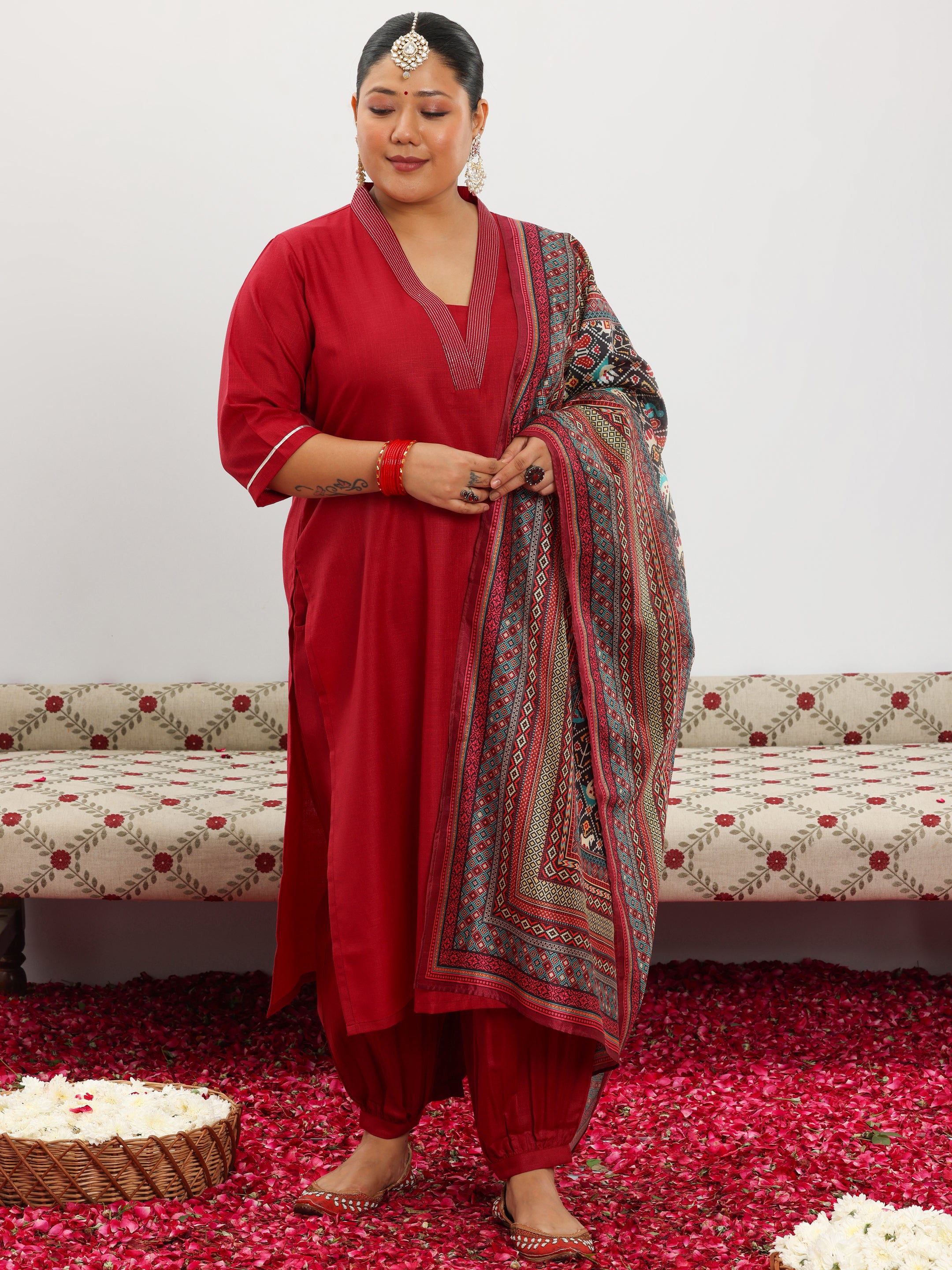 Plus Size Maroon Solid Cotton Blend Straight Suit With Dupatta