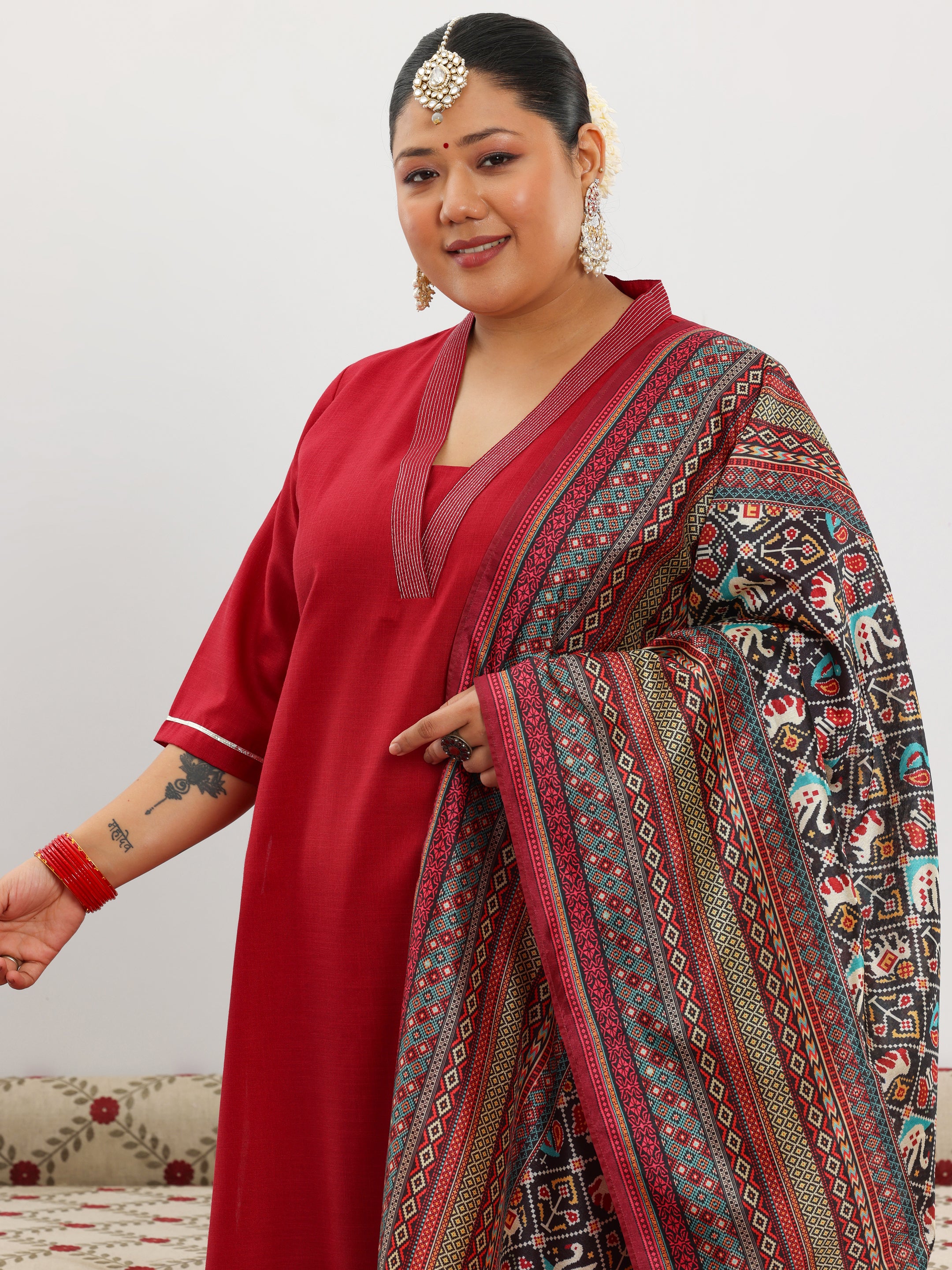 Plus Size Maroon Solid Cotton Blend Straight Suit With Dupatta