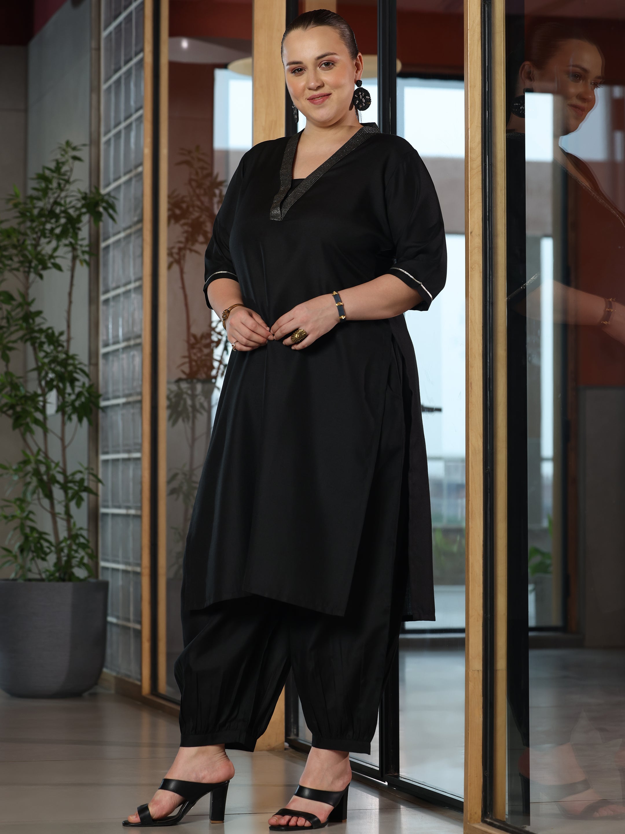 Plus Size Black Solid Cotton Blend Straight Suit With Dupatta