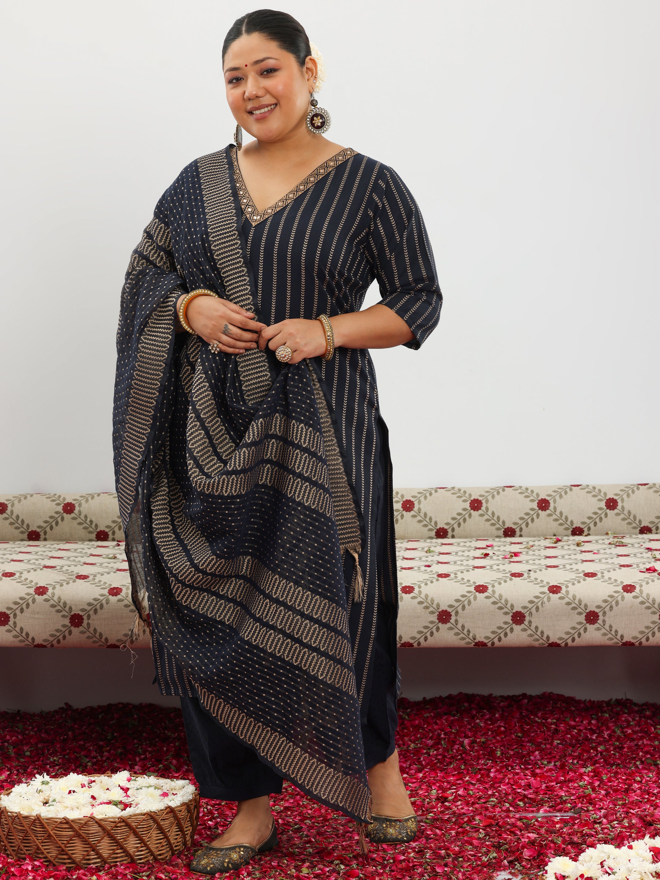 Plus Size Black Woven Design Cotton Blend Straight Suit With Dupatta