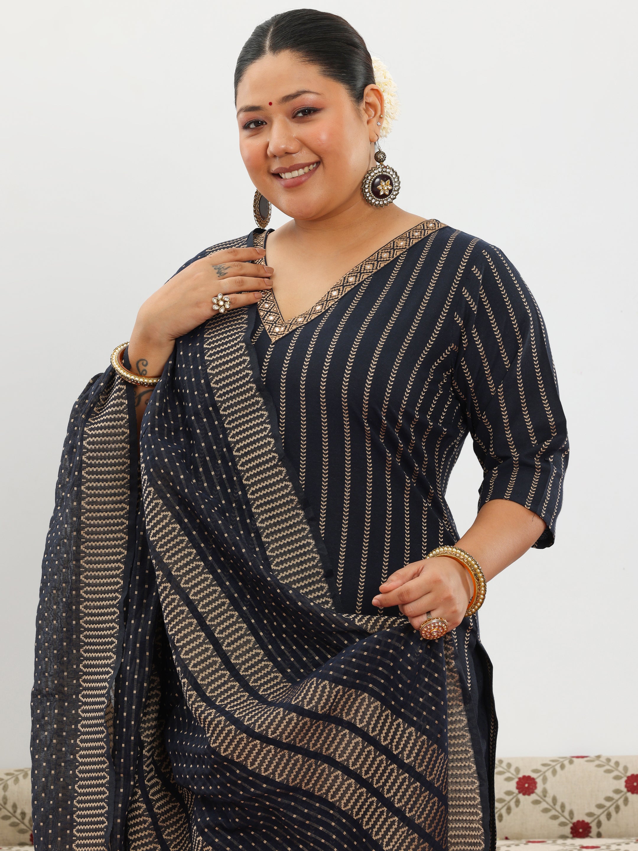 Plus Size Black Woven Design Cotton Blend Straight Suit With Dupatta