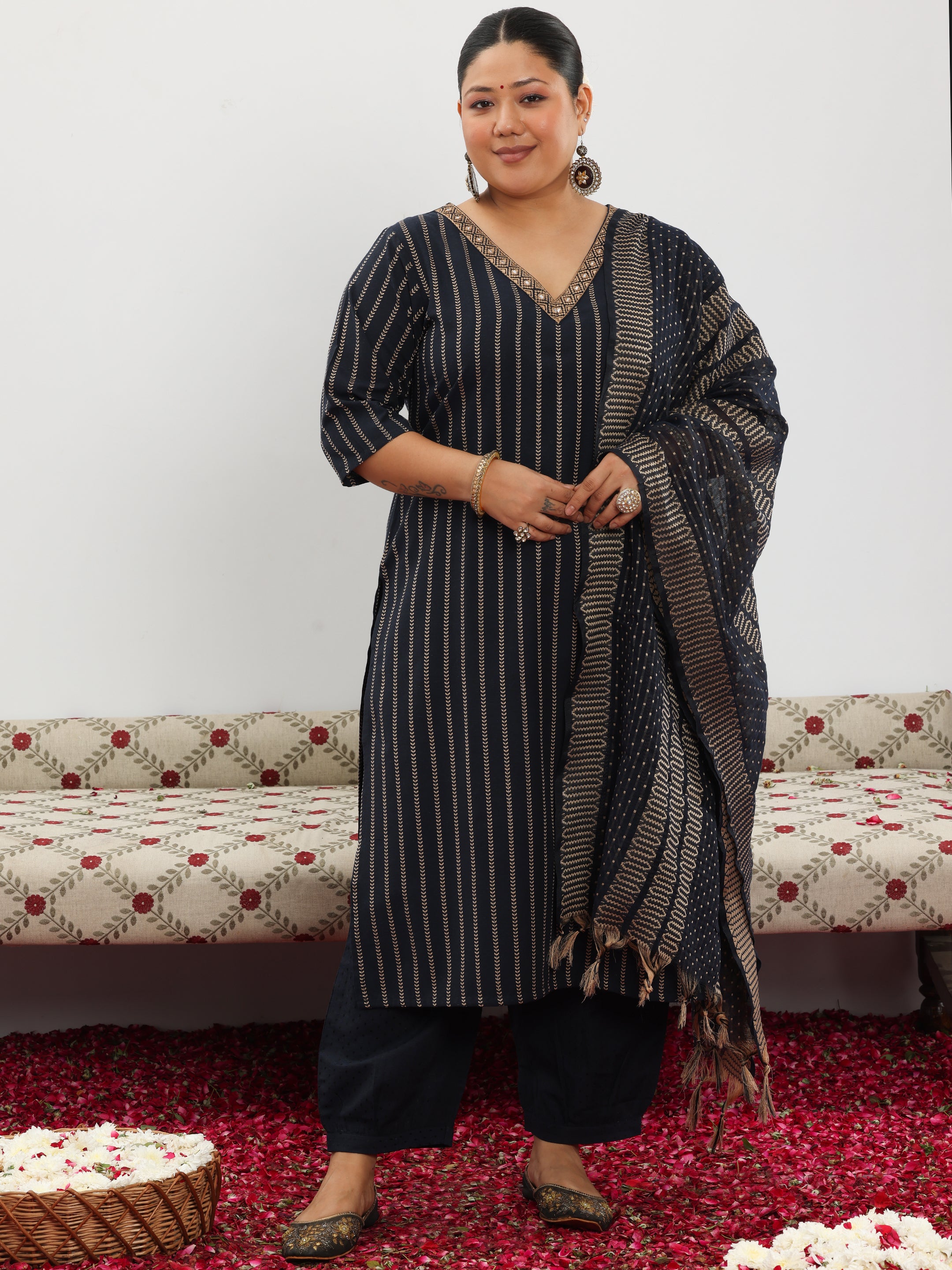 Plus Size Black Woven Design Cotton Blend Straight Suit With Dupatta