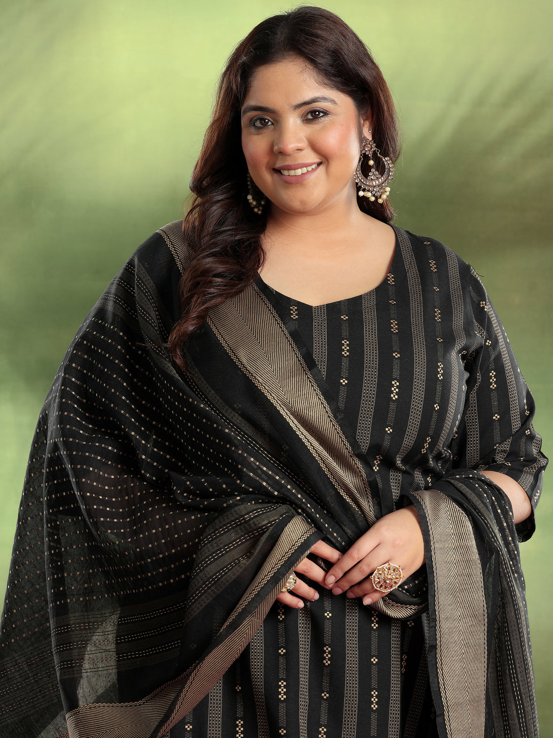 Plus Size Black Woven Design Cotton Blend Straight Suit With Dupatta