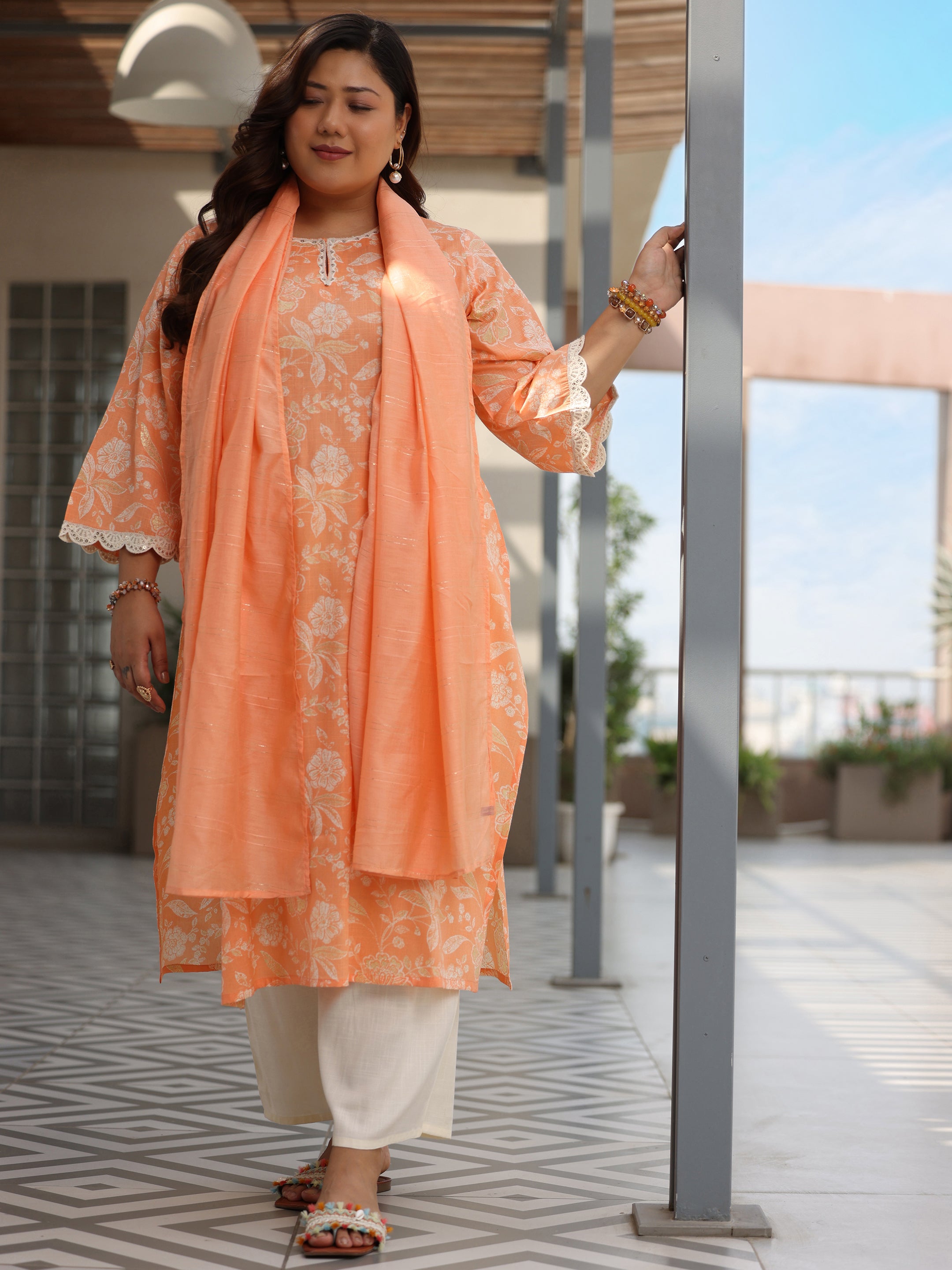 Plus Size Orange Printed Cotton Blend Straight Suit With Dupatta