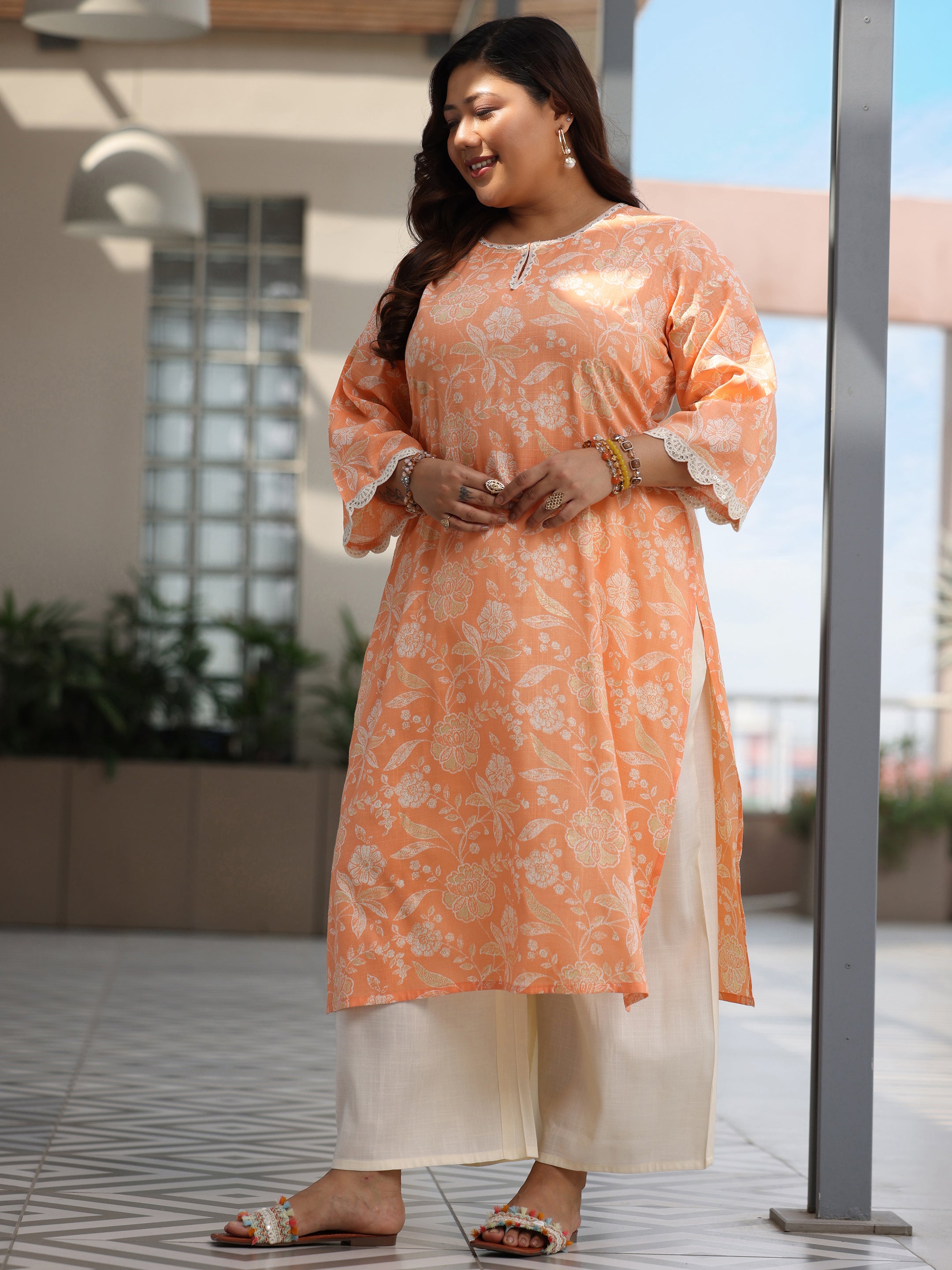 Plus Size Orange Printed Cotton Blend Straight Suit With Dupatta