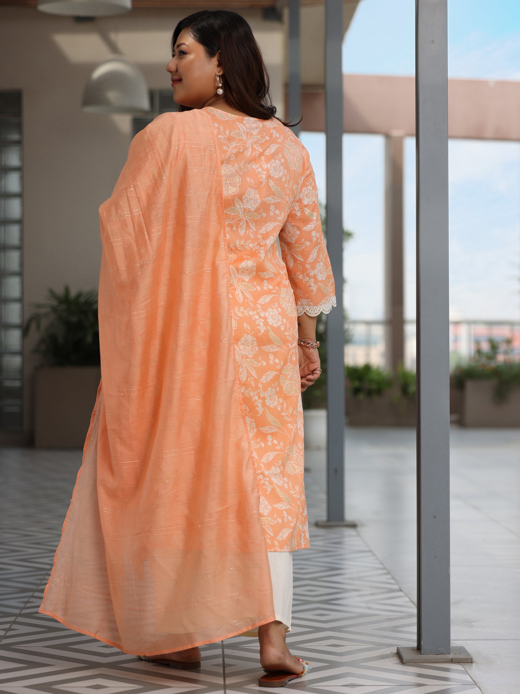 Plus Size Orange Printed Cotton Blend Straight Suit With Dupatta