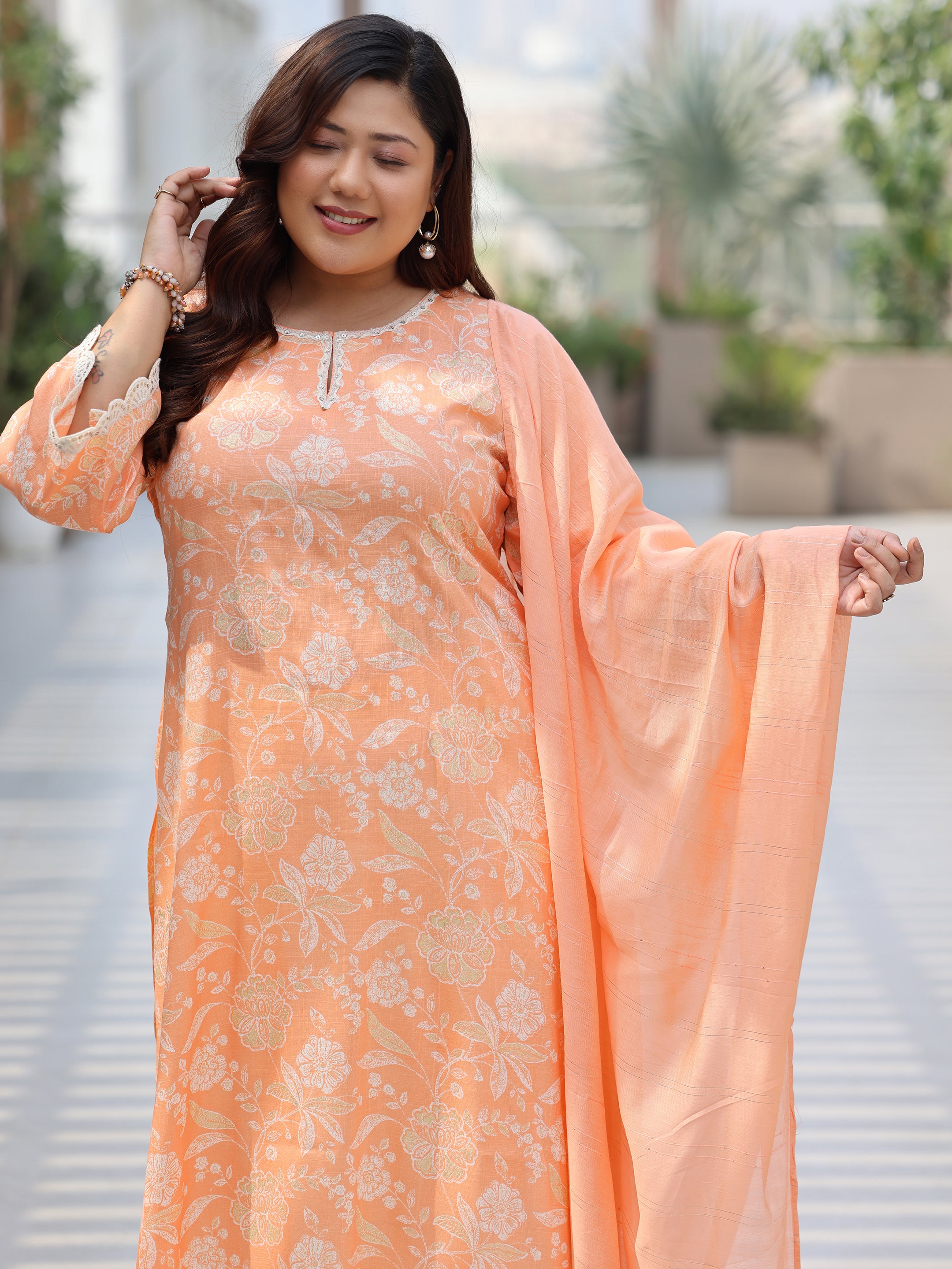 Plus Size Orange Printed Cotton Blend Straight Suit With Dupatta