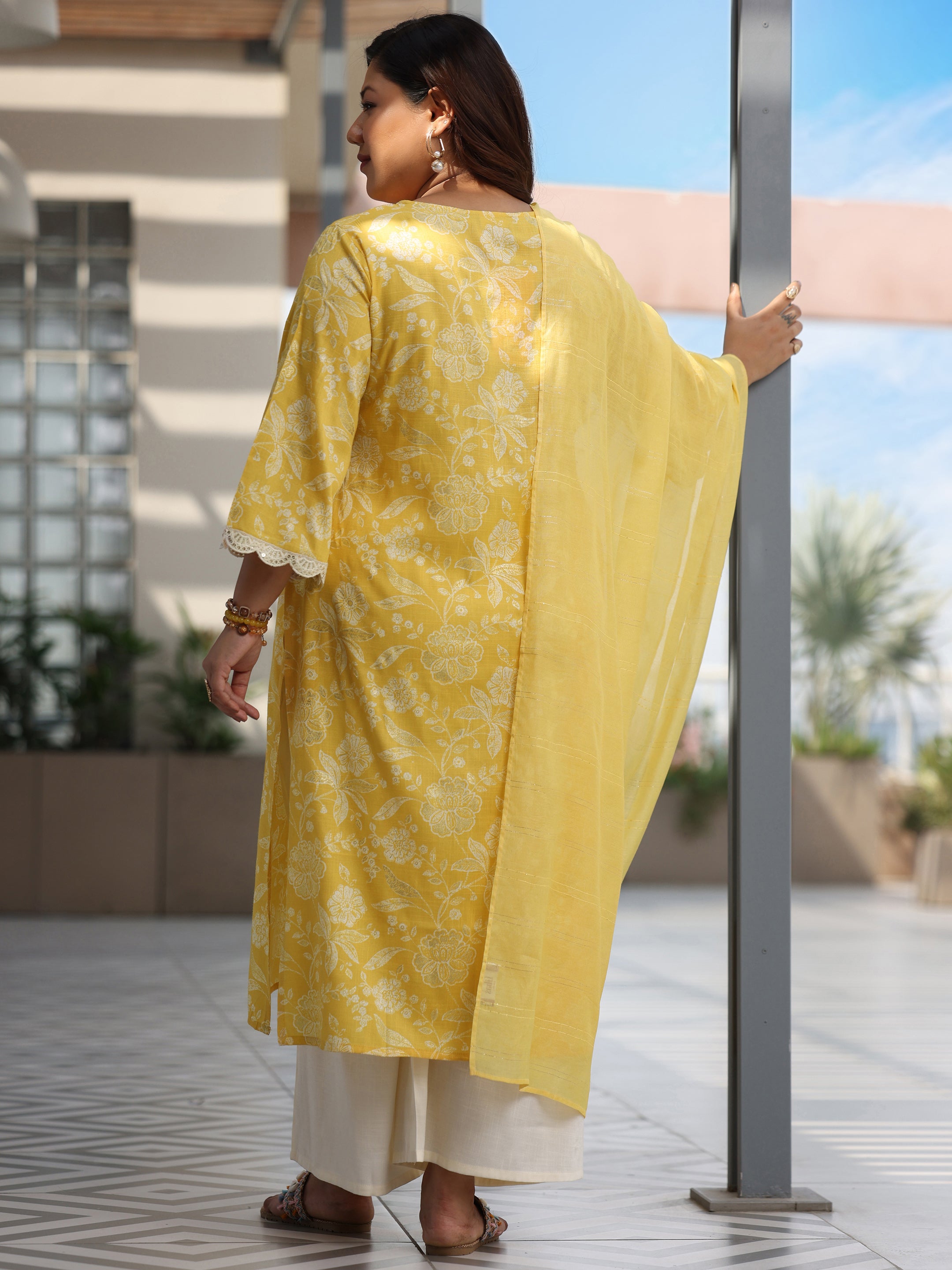 Plus Size Yellow Printed Cotton Blend Straight Suit With Dupatta