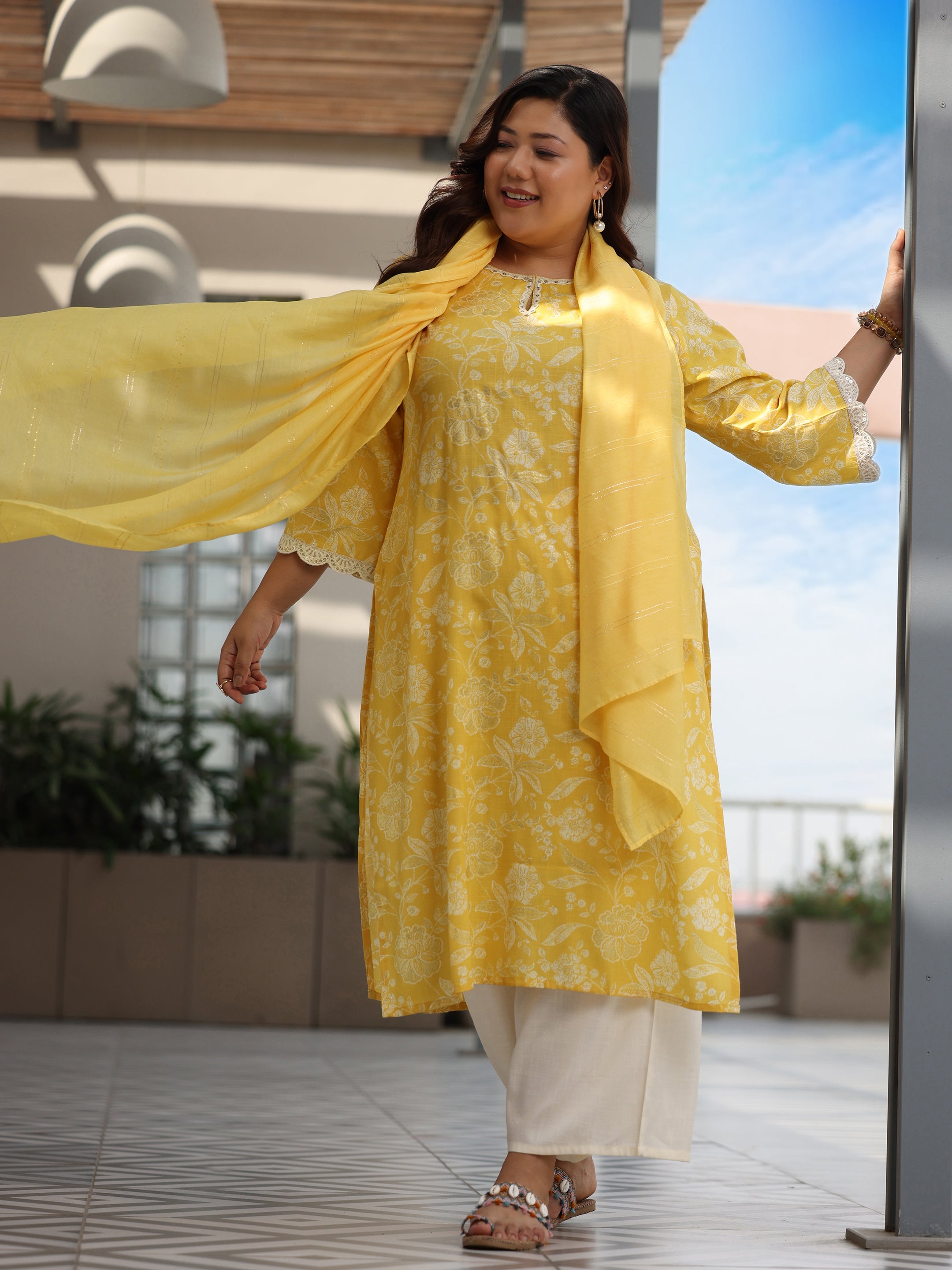 Plus Size Yellow Printed Cotton Blend Straight Suit With Dupatta