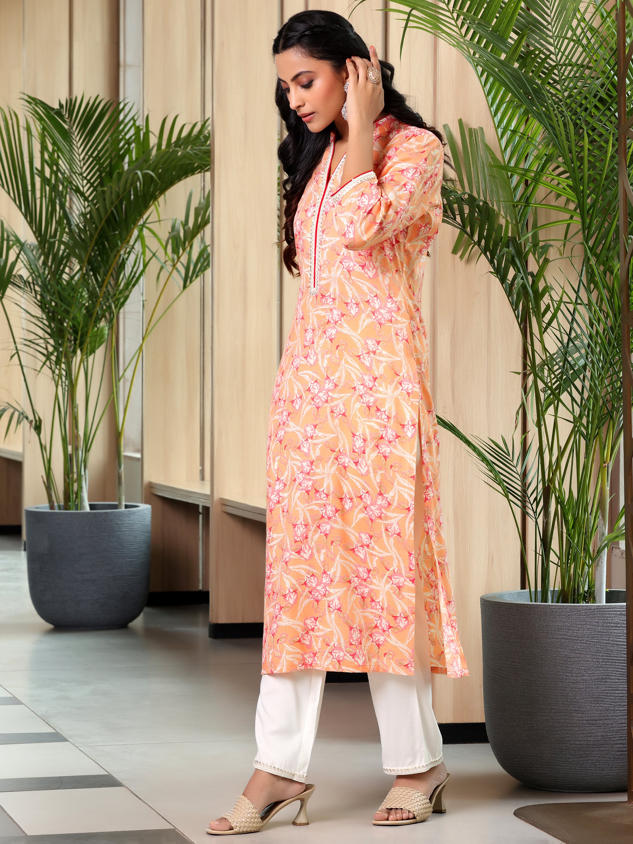 Orange Printed Cotton Blend Straight Suit With Dupatta