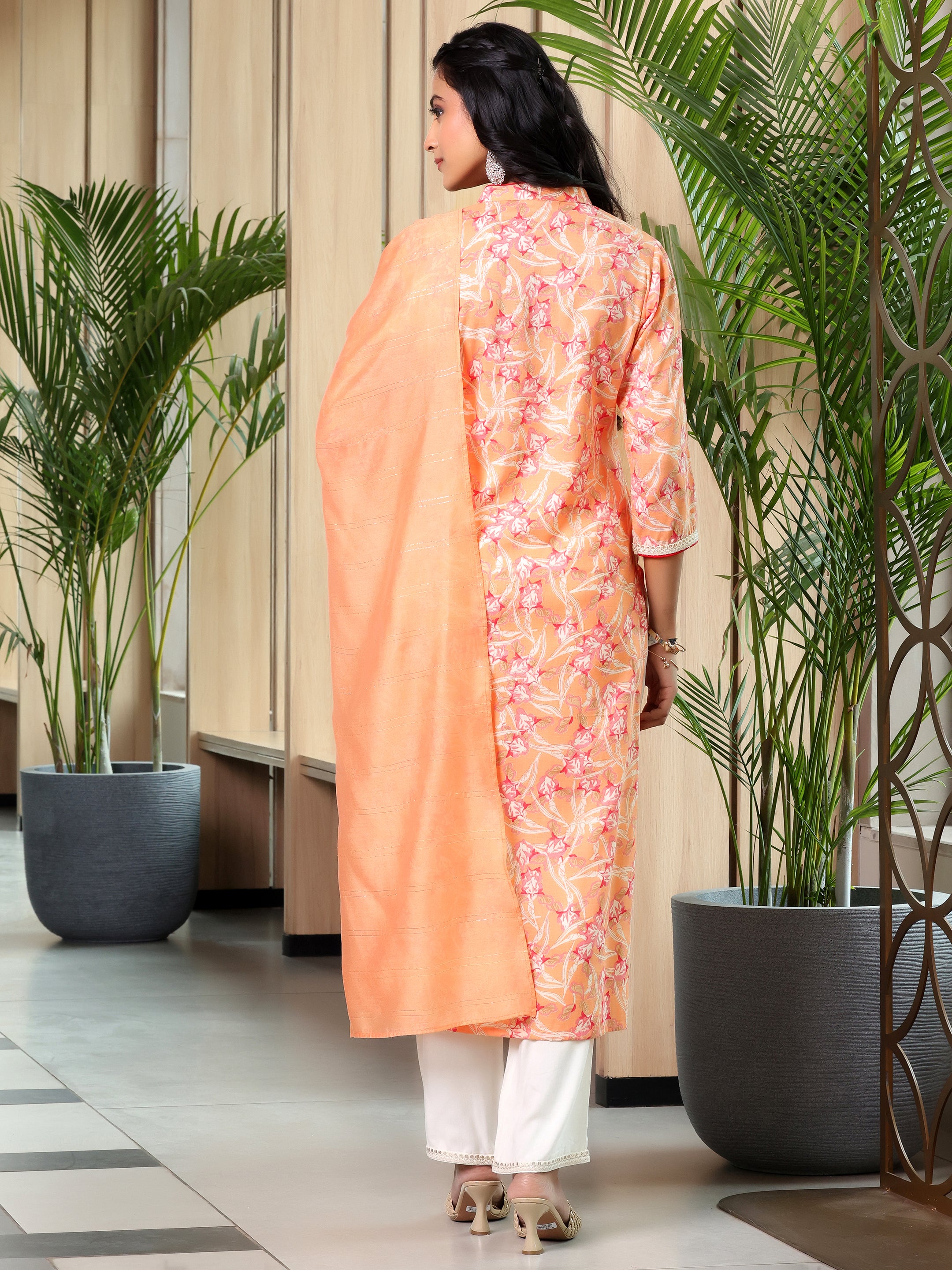 Orange Printed Cotton Blend Straight Suit With Dupatta