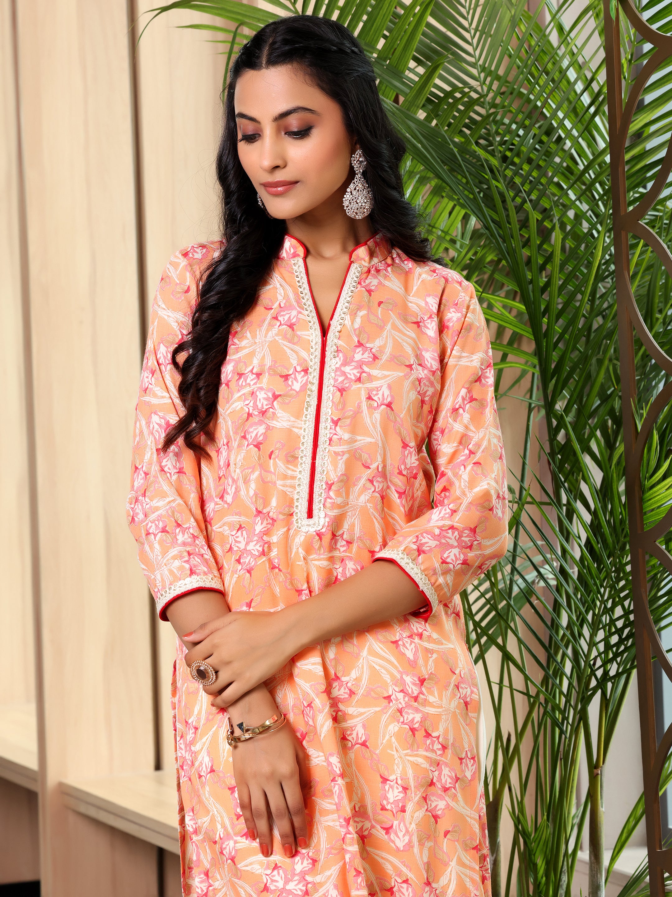 Orange Printed Cotton Blend Straight Suit With Dupatta