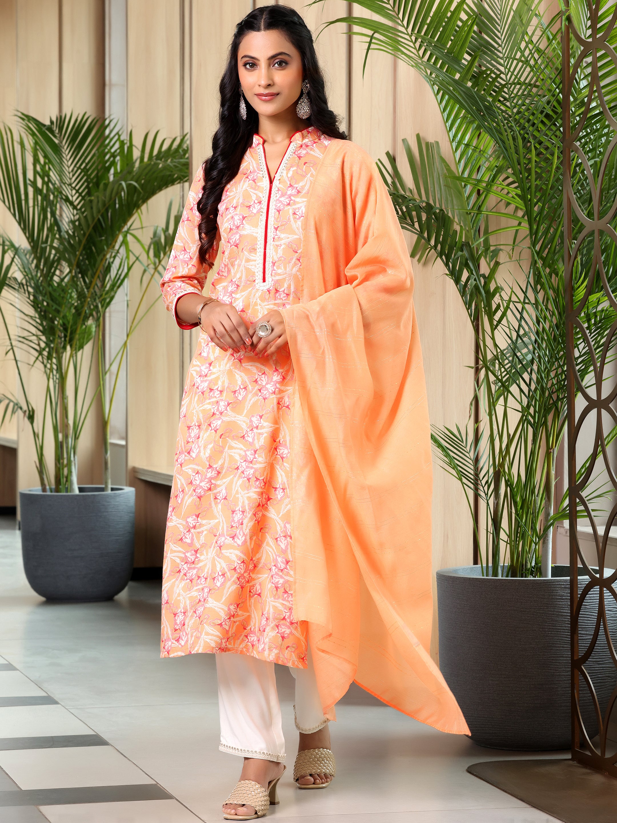 Orange Printed Cotton Blend Straight Suit With Dupatta