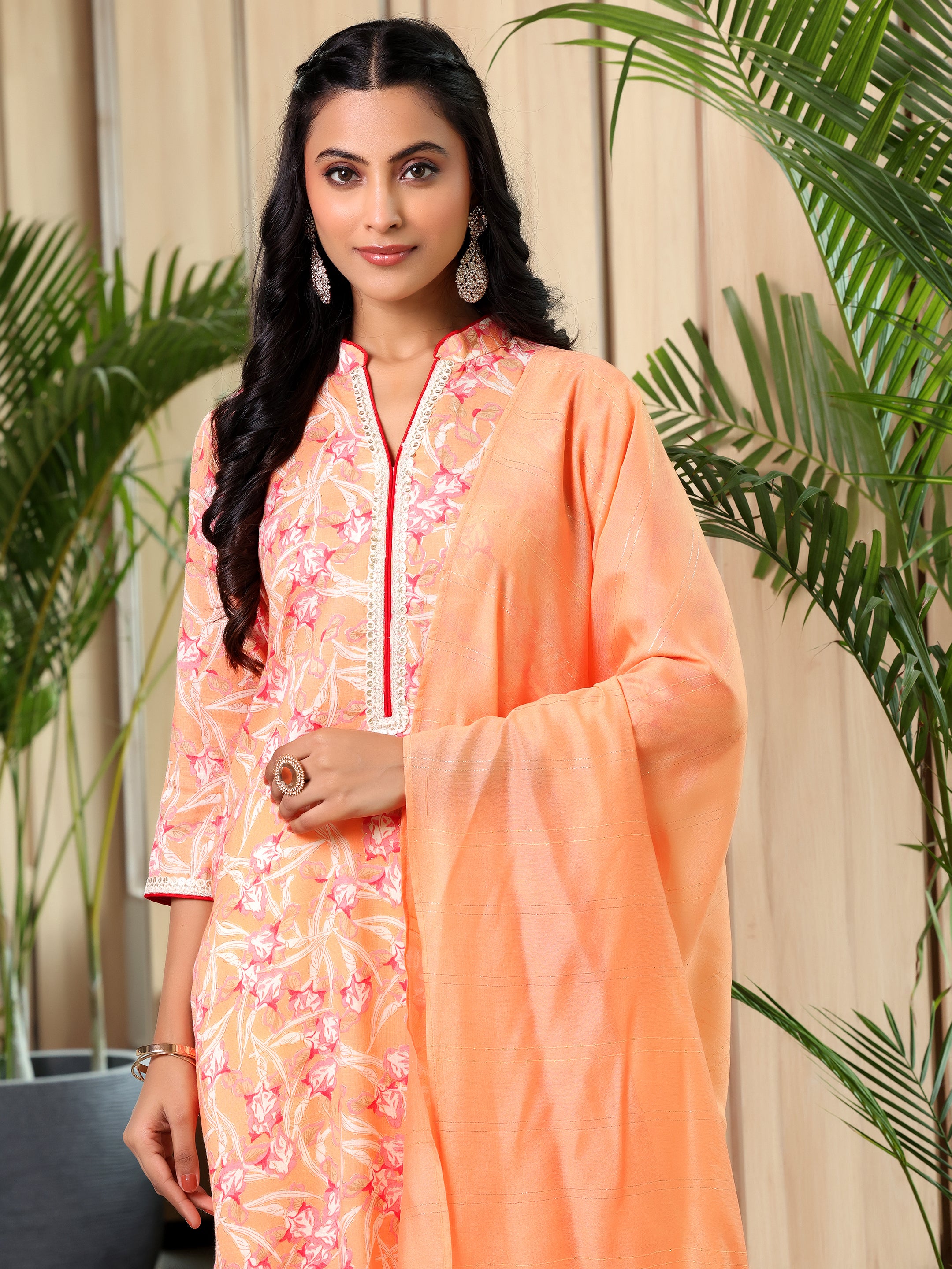 Orange Printed Cotton Blend Straight Suit With Dupatta