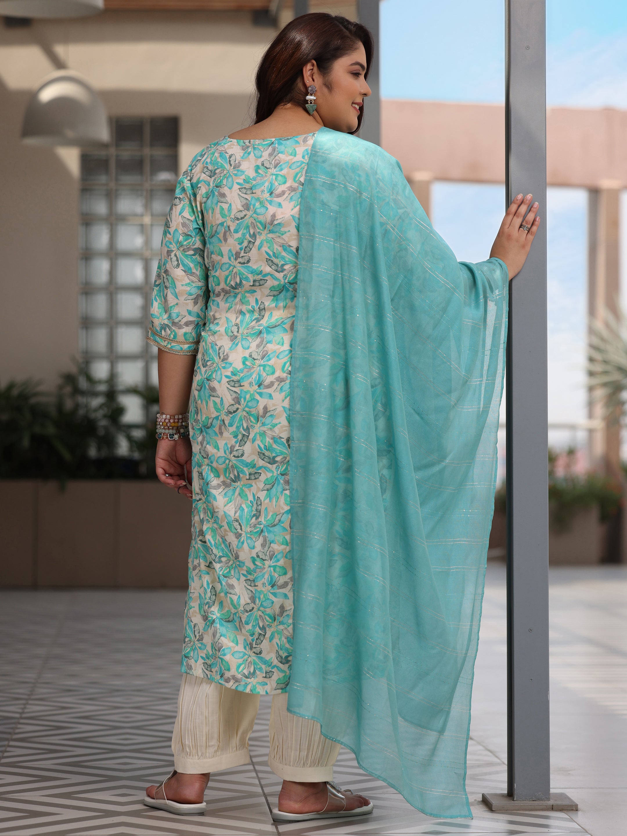 Plus Size Blue Printed Cotton Blend Straight Suit With Dupatta