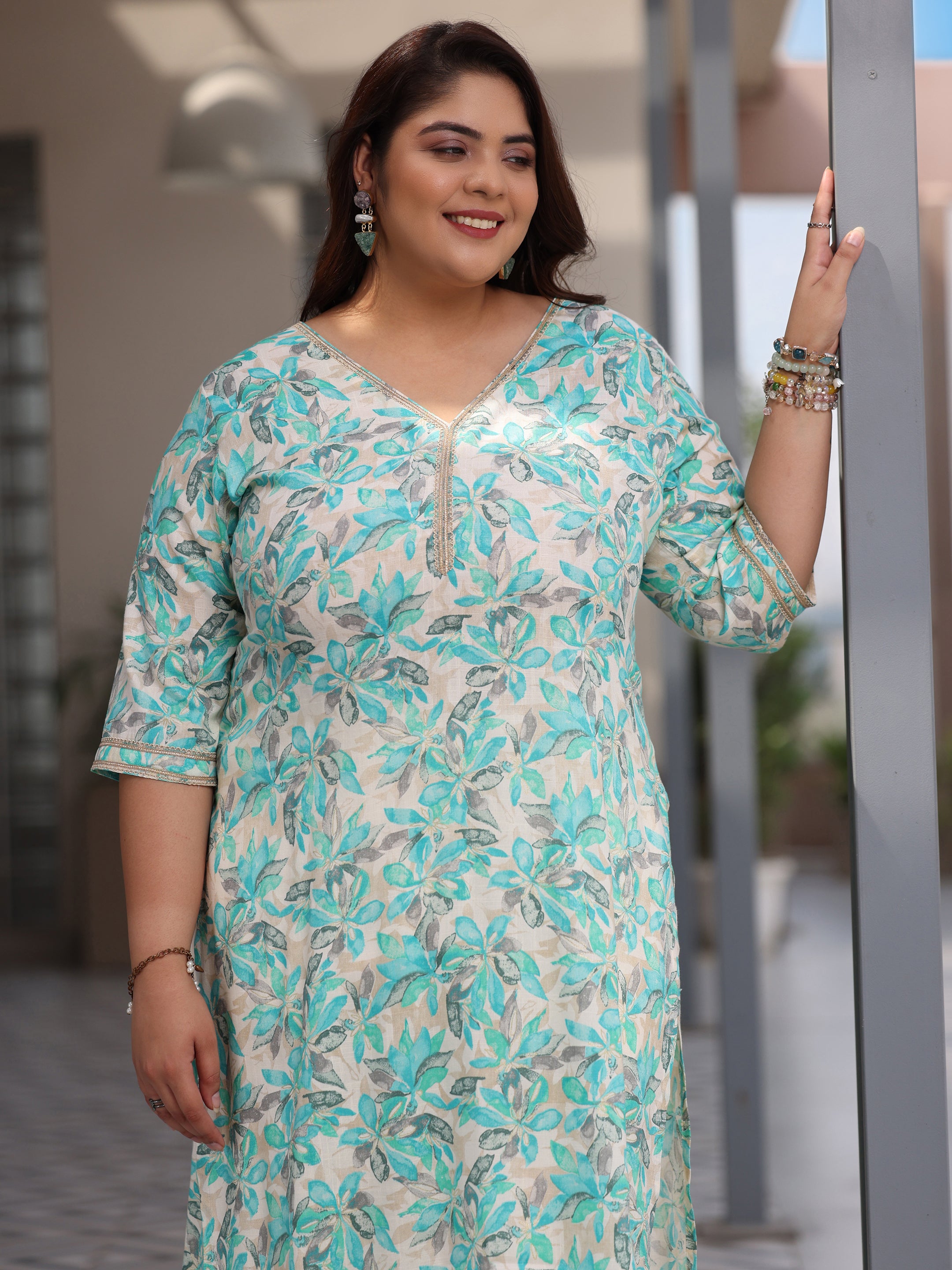 Plus Size Blue Printed Cotton Blend Straight Suit With Dupatta