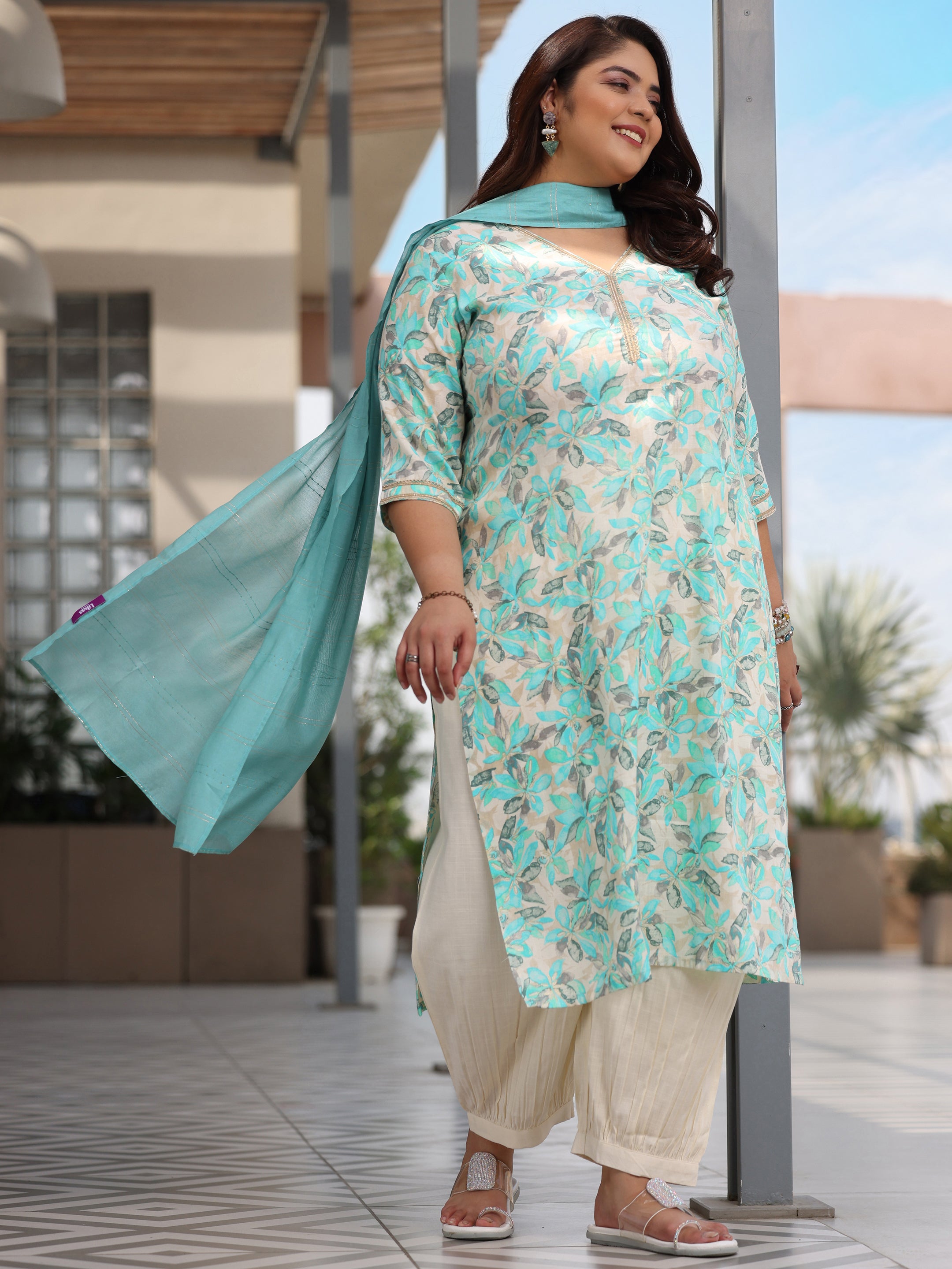 Plus Size Blue Printed Cotton Blend Straight Suit With Dupatta