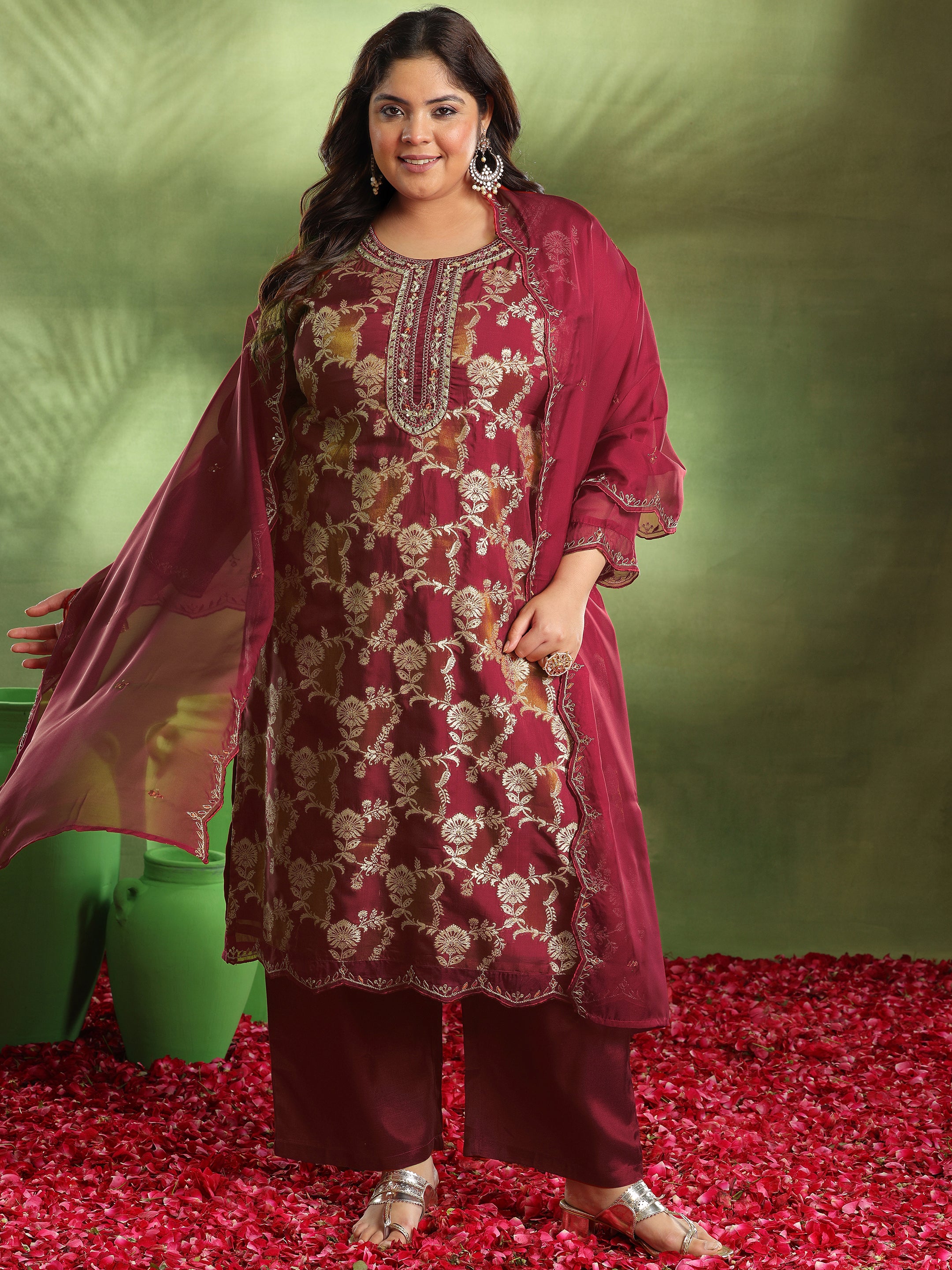 Plus Size Maroon Woven Design Organza Straight Suit With Dupatta