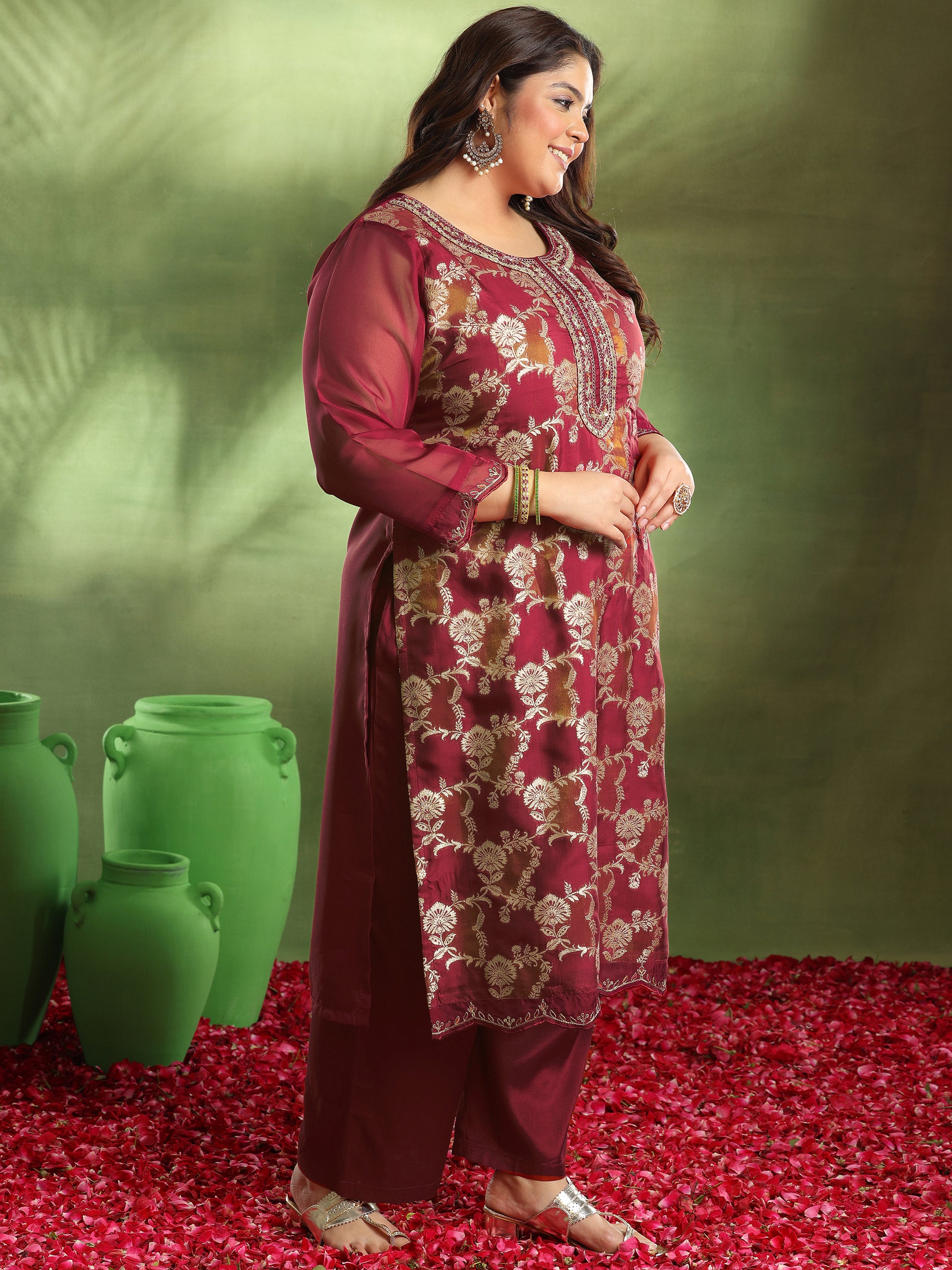 Plus Size Maroon Woven Design Organza Straight Suit With Dupatta