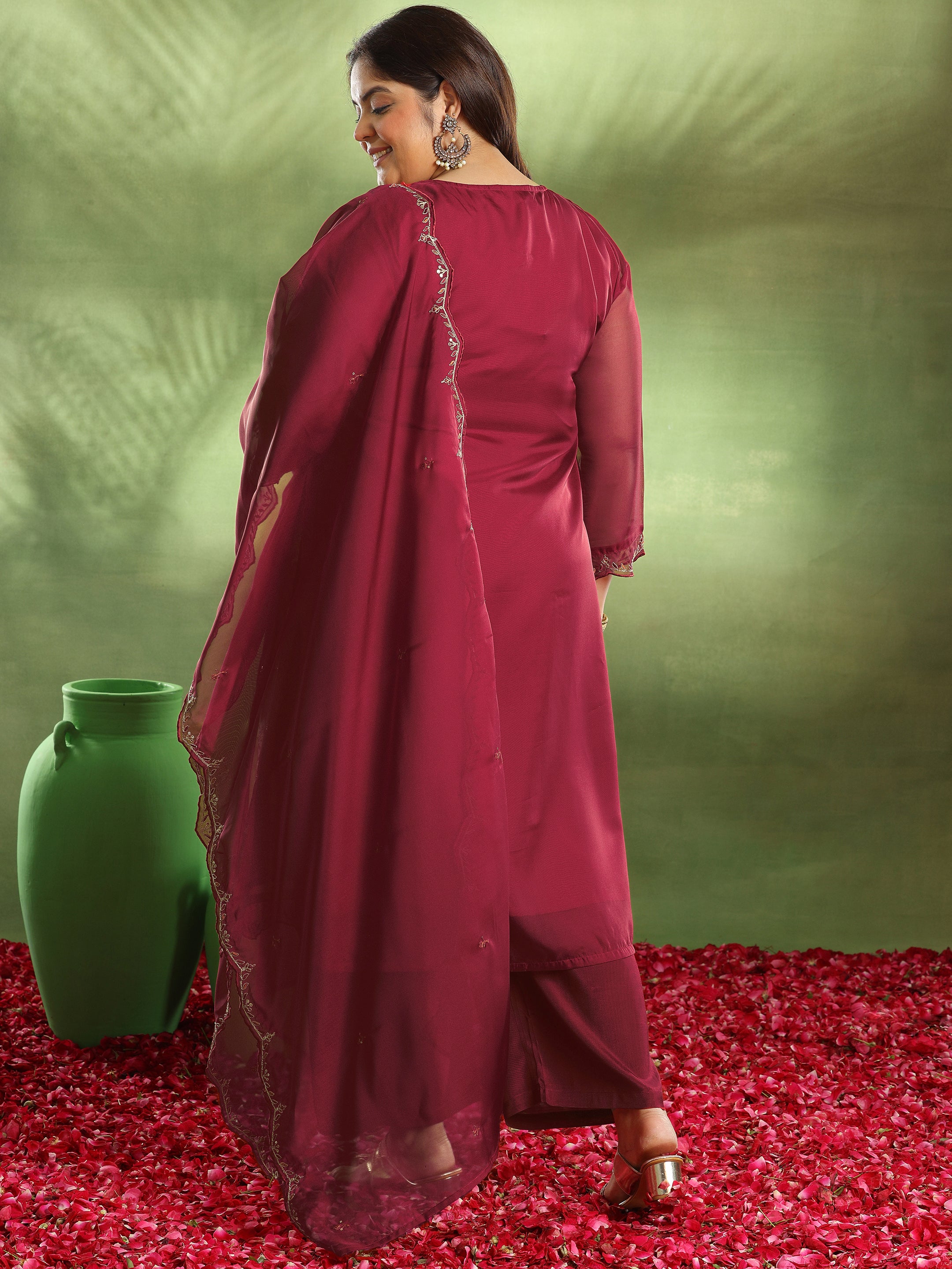 Plus Size Maroon Woven Design Organza Straight Suit With Dupatta