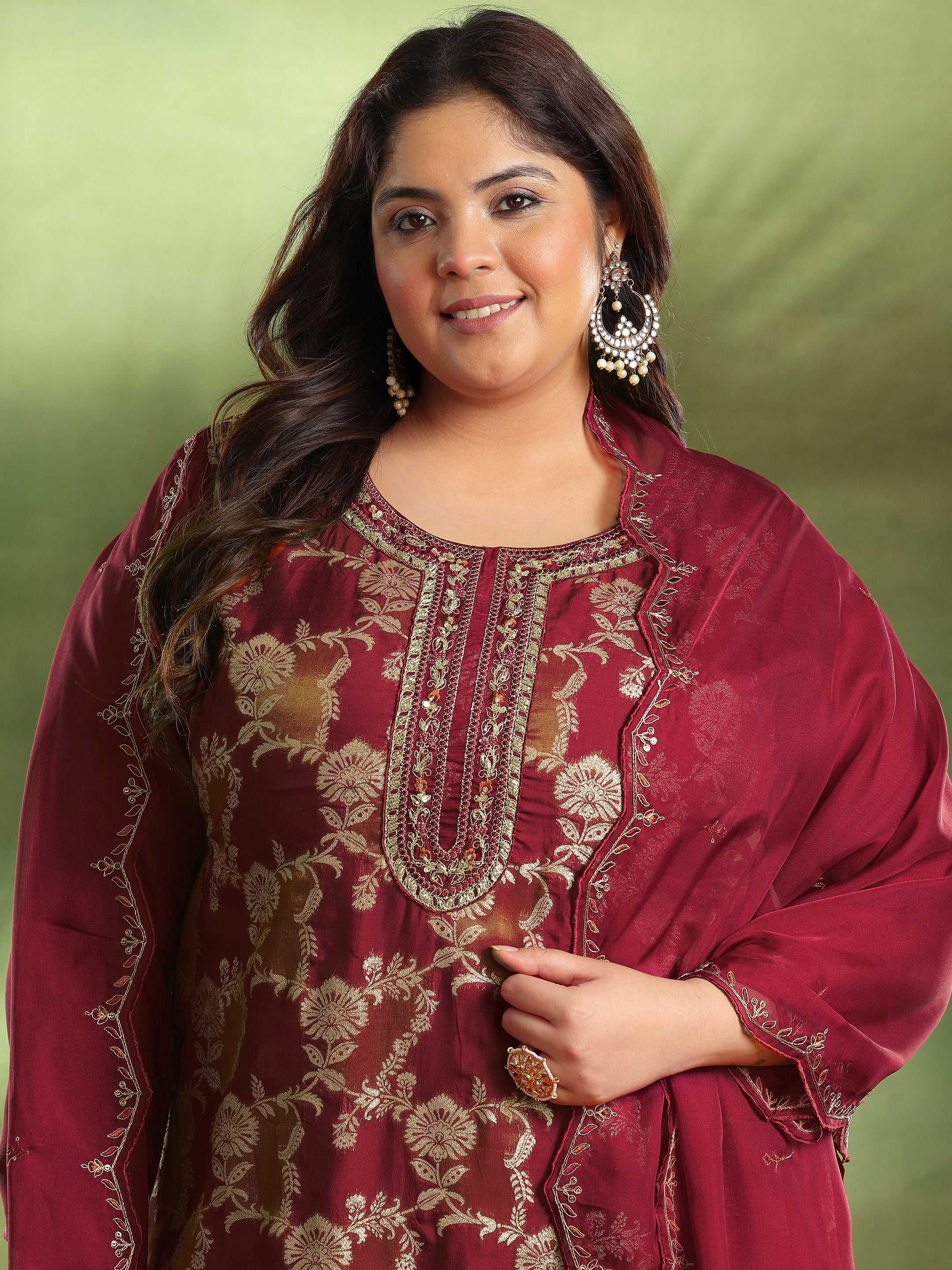 Plus Size Maroon Woven Design Organza Straight Suit With Dupatta