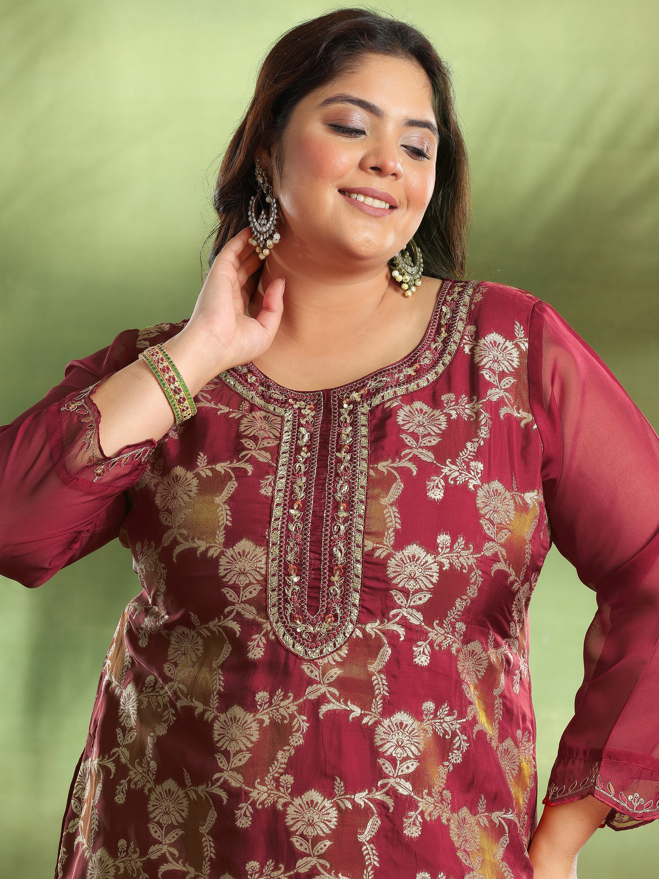 Plus Size Maroon Woven Design Organza Straight Suit With Dupatta