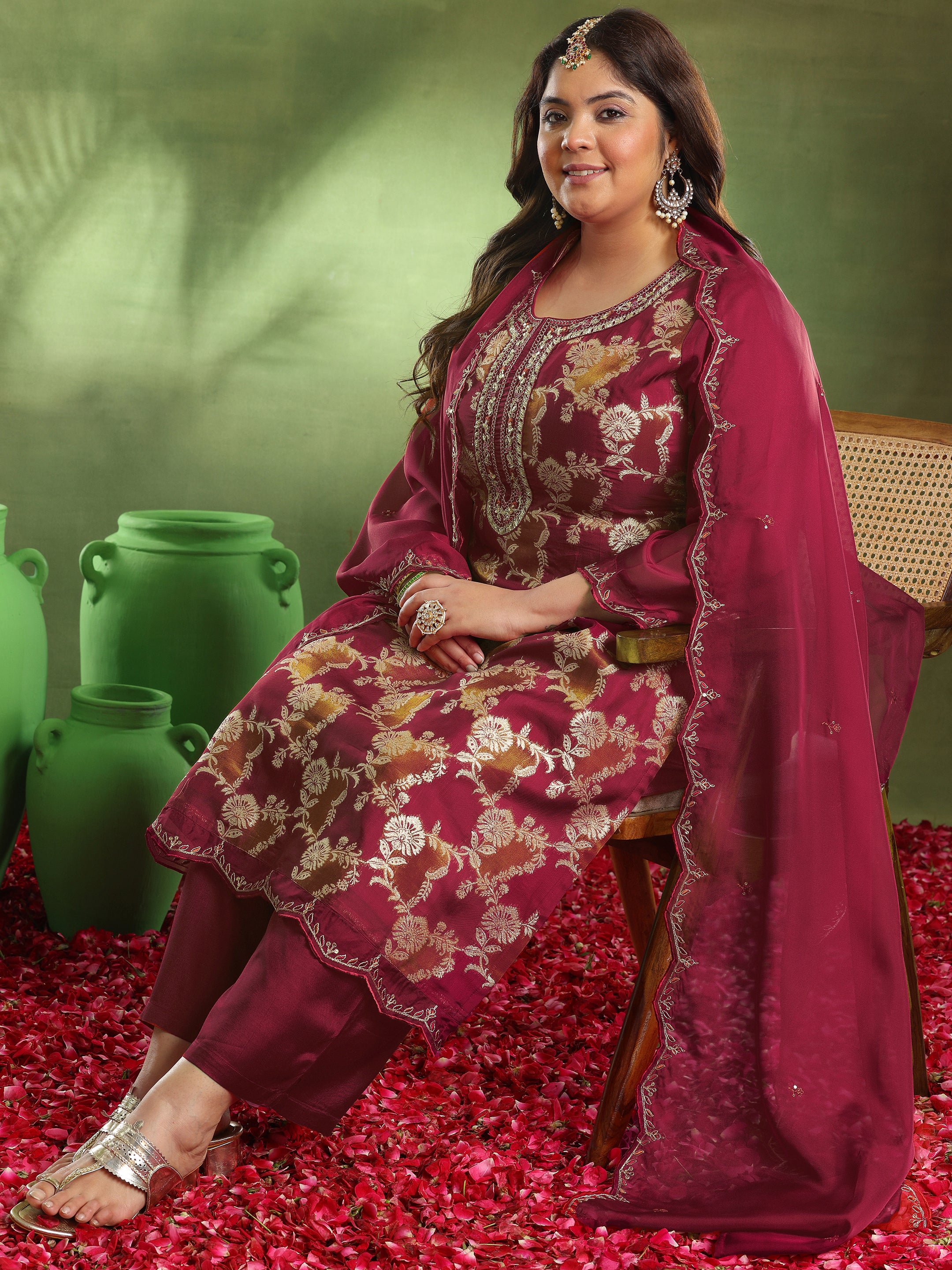 Plus Size Maroon Woven Design Organza Straight Suit With Dupatta