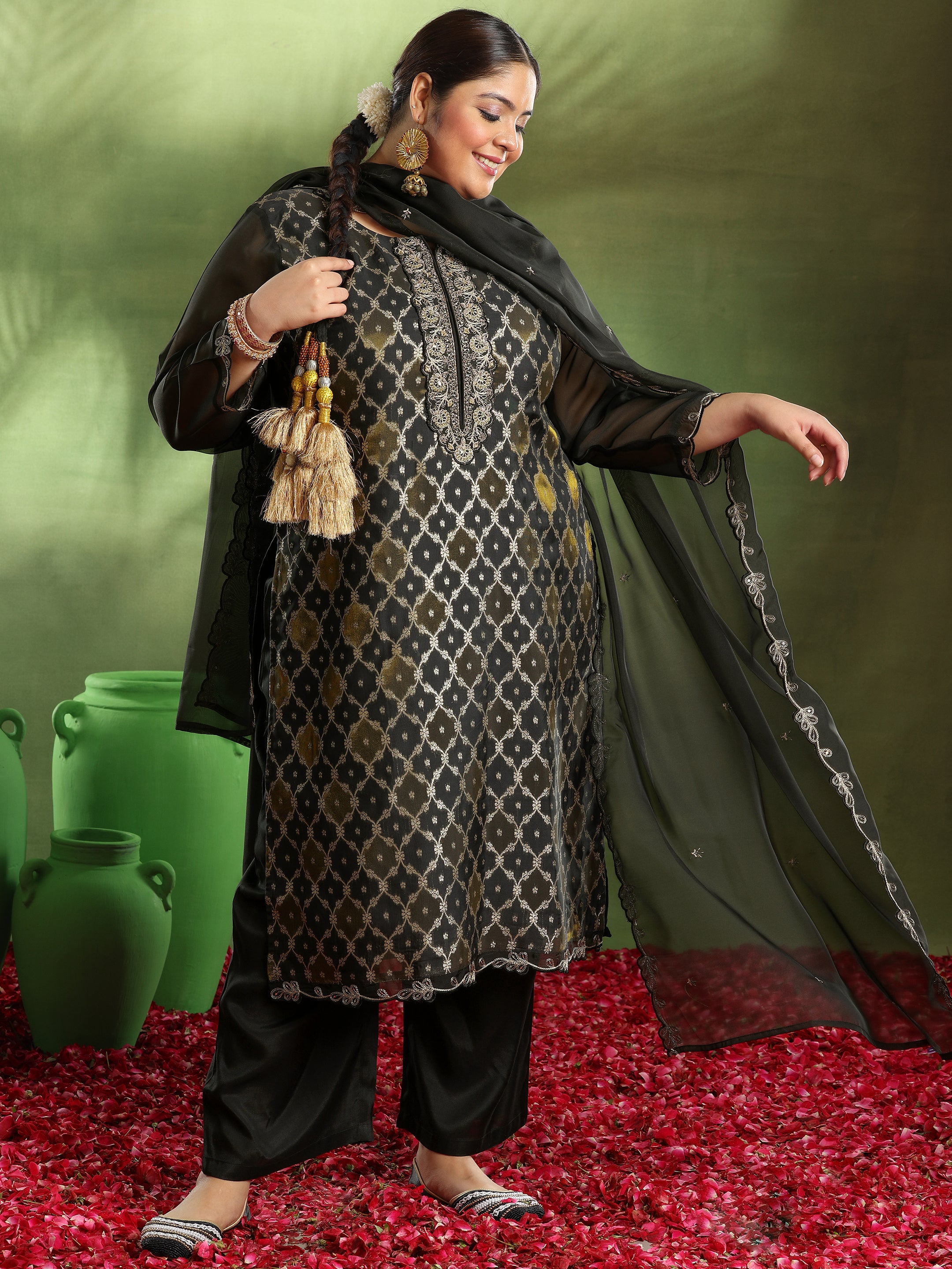 Plus Size Black Woven Design Organza Straight Suit With Dupatta