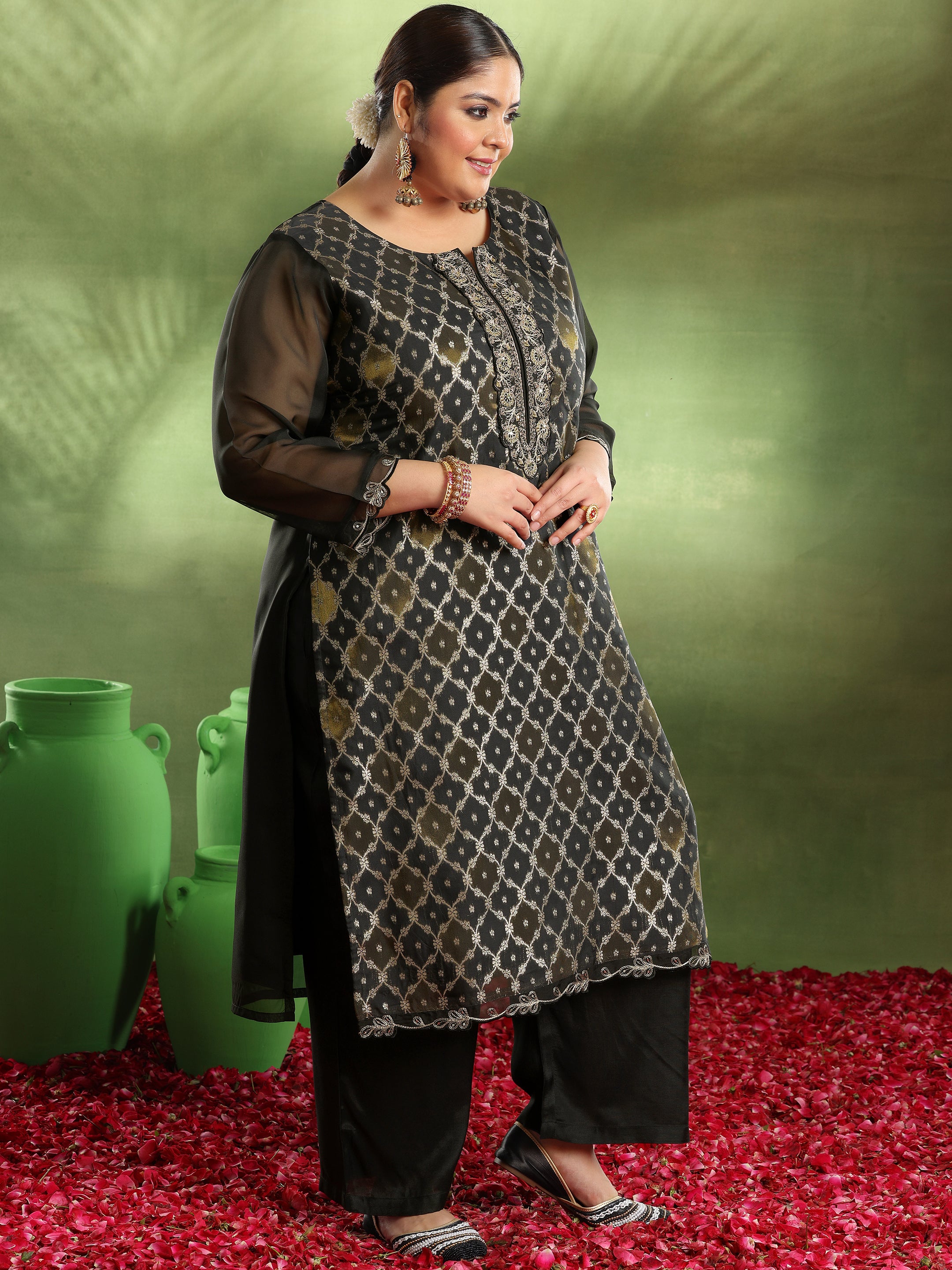 Plus Size Black Woven Design Organza Straight Suit With Dupatta